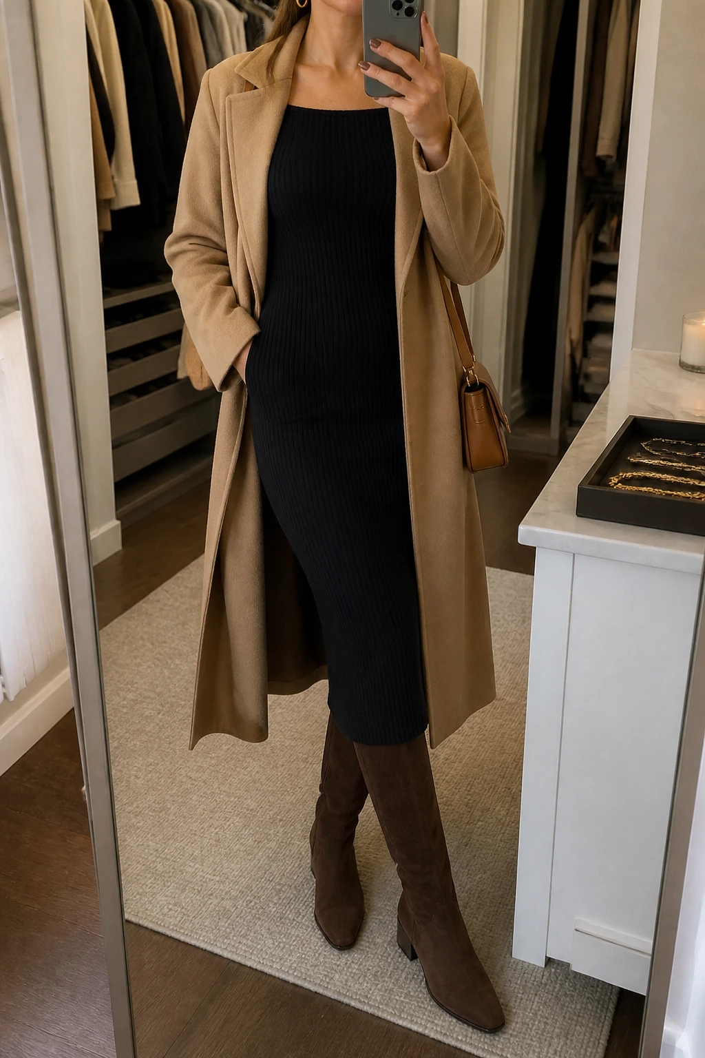 Image Prompt: Mirror selfie of a woman wearing a black long-sleeve ribbed knit midi dress with a modest square neckline and softly fitted waist, a long camel belted wool wrap coat worn open, chocolate brown suede knee-high boots with low block heels, a small caramel leather shoulder bag, and delicate gold hoop earrings, holding a phone in front of a mirror, cropped at the NECK so the face does not show, with a relaxed casual selfie pose, in a walk-in closet mirror, warm soft indoor lighting, an open closet with clothes visible and a jewelry tray on the vanity, realistic black knit texture, natural camel wool folds, soft suede finish, latest iPhone photo quality, no additional clothing or accessories.