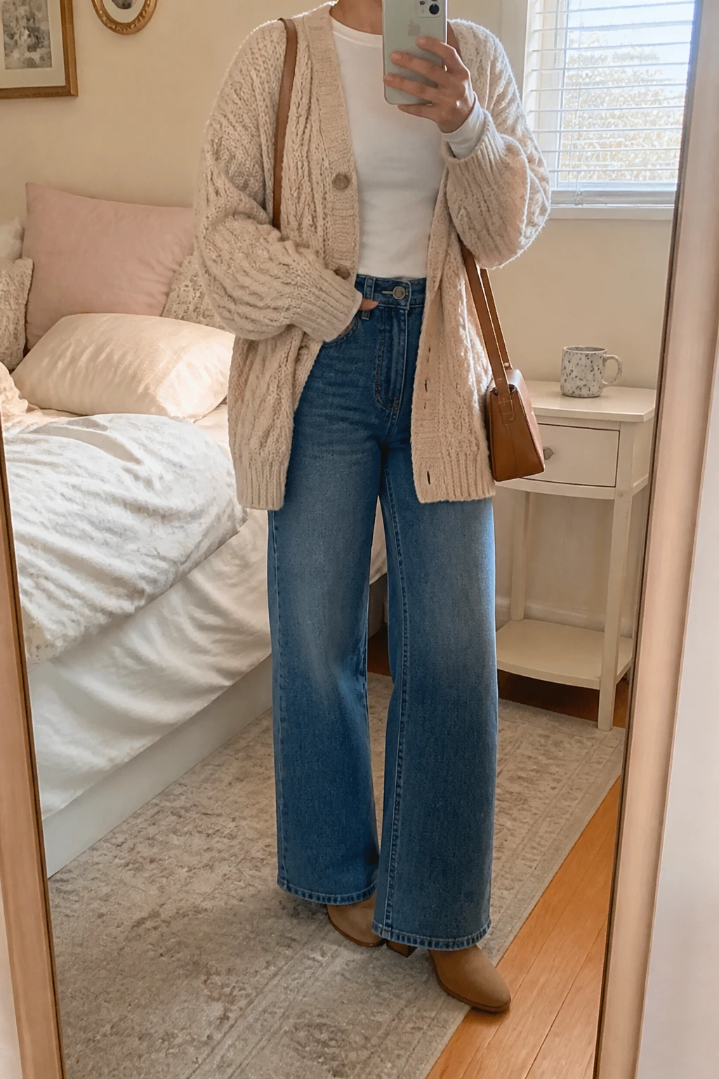 Image Prompt: Mirror selfie of a woman wearing an oatmeal oversized chunky cable-knit button-front cardigan over a fitted white cotton long-sleeve crewneck top, medium-wash blue high-waisted wide-leg denim jeans, tan suede low-heeled ankle boots, and a small caramel leather shoulder bag, holding a phone in front of a mirror, cropped at the NECK so the face does not show, with a relaxed casual selfie pose, in a feminine-themed bedroom, soft natural window light, a coffee mug on a bedside table and soft pillows on an unmade bed, realistic oatmeal knit stitches, natural blue denim creases and warm-neutral colors, latest iPhone photo quality, no additional clothing or accessories.