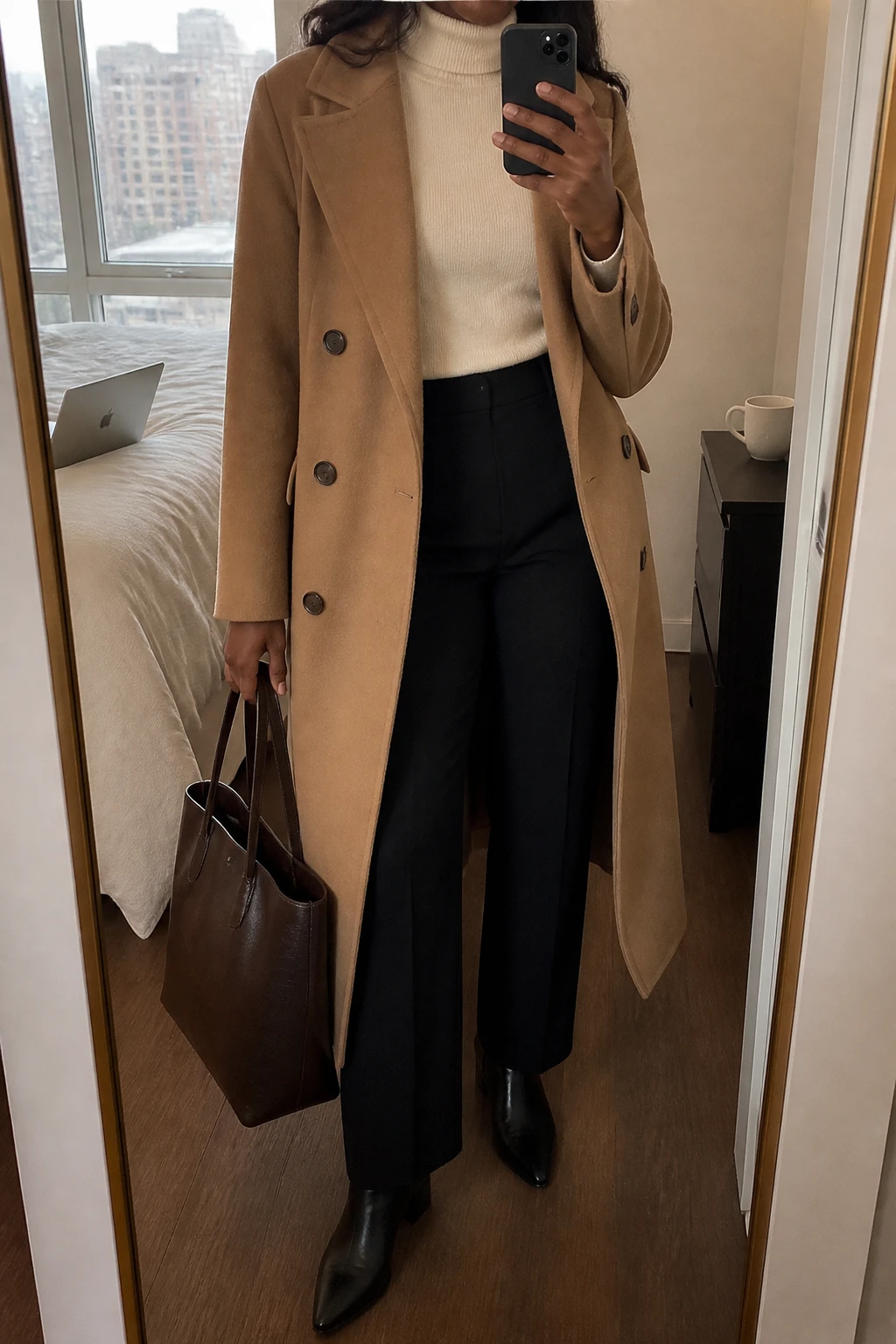 Image Prompt: Mirror selfie of a black woman wearing a long camel double-breasted wool coat left open over a cream fitted fine-knit turtleneck sweater, black high-waisted straight-leg tailored trousers, black leather pointed-toe low block-heel ankle boots, and a structured dark brown leather work tote bag, holding a phone in front of a full-length mirror, cropped at the NECK so the face does not show, with a relaxed casual selfie pose, in a stylish city apartment, soft natural window light, a laptop on the bed and a coffee mug on a bedside table, realistic wool texture, natural trouser folds, professional everyday styling, latest iPhone photo quality, no additional clothing or accessories.