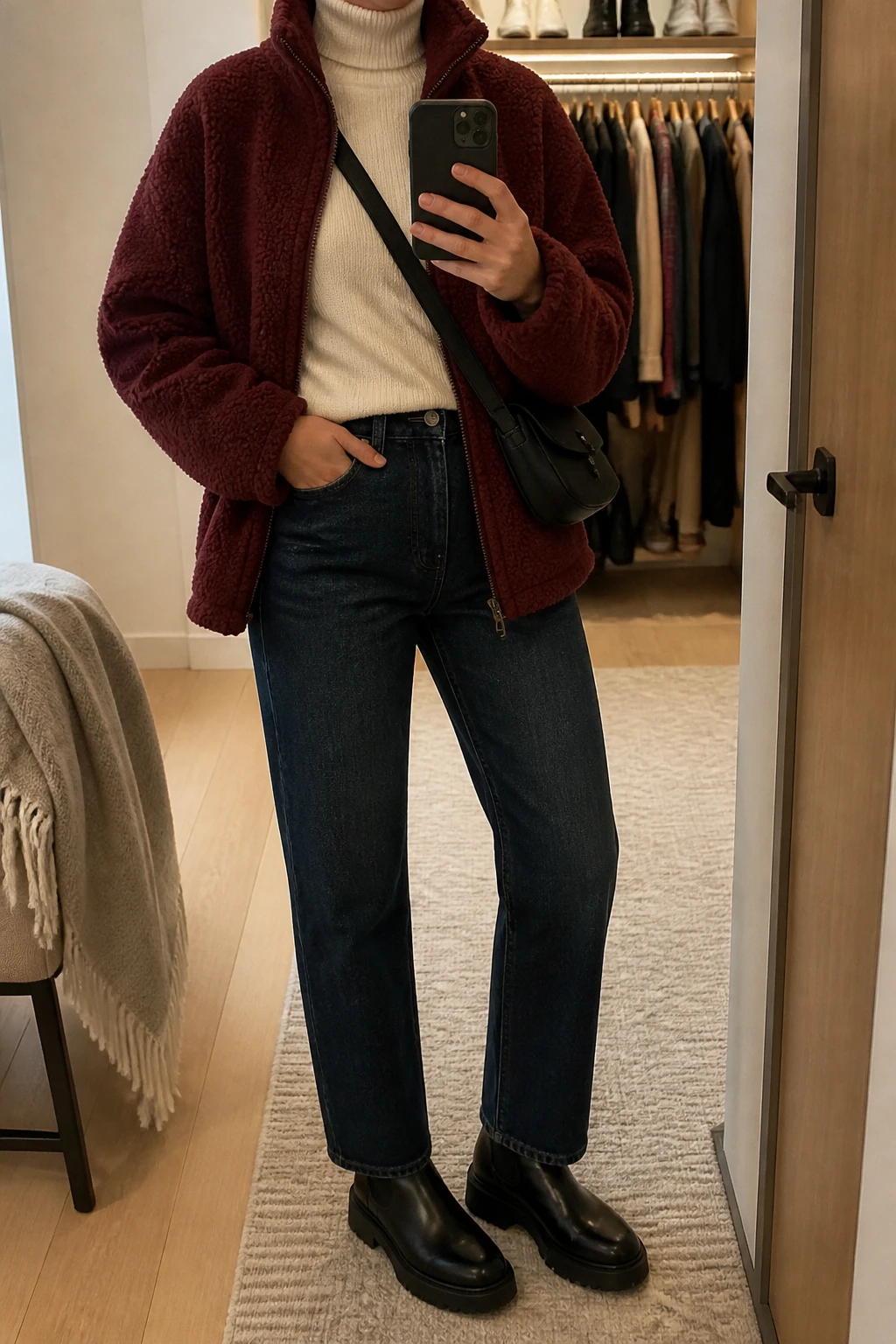 Image Prompt: Mirror selfie of a woman wearing a burgundy oversized teddy-fleece zip-front jacket over an ivory fitted thermal turtleneck sweater, dark indigo high-waisted straight-leg denim jeans, black leather chunky Chelsea boots with flat rubber soles, and a small black nylon crossbody bag, holding a phone in front of a mirror, cropped at the NECK so the face does not show, with a relaxed casual selfie pose, in a walk-in closet mirror, warm soft indoor lighting, an open closet with clothes visible and a folded blanket on a chair, realistic burgundy teddy-fleece texture, natural ivory knit fabric and dark denim creases, latest iPhone photo quality, no additional clothing or accessories.