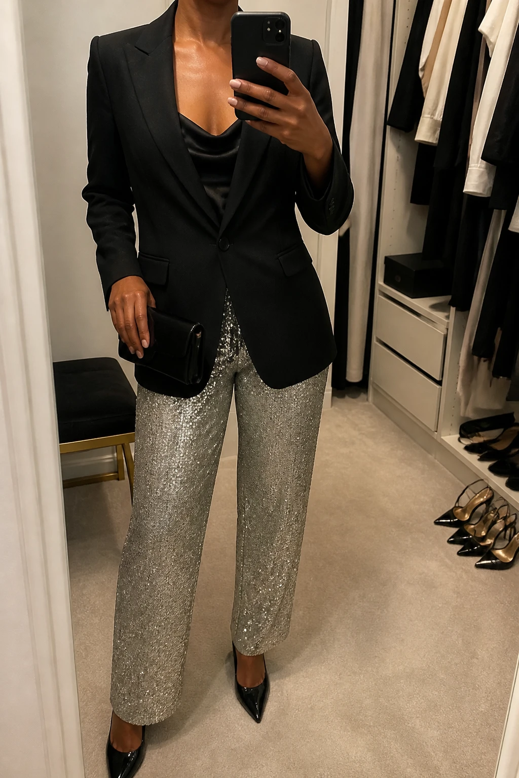 Image Prompt: Mirror selfie of a black woman wearing a fitted black single-breasted tailored blazer over a black silk camisole, silver sequin straight-leg trousers, black pointed-toe patent leather heels, a small black velvet evening clutch, and simple silver stud earrings, holding a phone in front of a mirror, cropped at the NECK so the face does not show, with a relaxed casual selfie pose, in a walk-in closet mirror, warm soft indoor lighting, an open closet with clothes visible and a pair of heels on the floor nearby, realistic silver sequin reflections, natural blazer fabric texture and believable party styling, latest iPhone photo quality, no additional clothing or accessories.