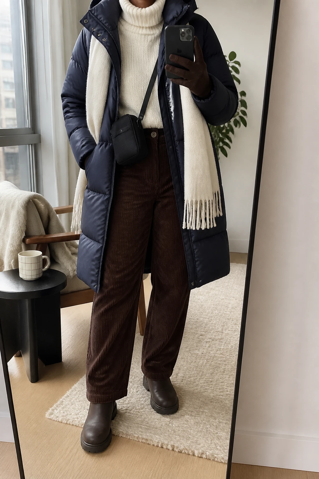 Image Prompt: Mirror selfie of a black woman wearing a long midnight navy insulated hooded puffer coat over an icy white chunky wool turtleneck sweater, chocolate brown high-waisted straight-leg thick corduroy trousers with black thermal leggings underneath, dark brown waterproof insulated ankle boots with flat rubber lug soles, a navy ribbed knit beanie, a cream wool scarf, dark brown insulated gloves, and a small structured black nylon crossbody bag, holding a phone in front of a full-length mirror, cropped at the NECK so the face does not show, with a relaxed casual selfie pose, in a stylish city apartment, soft natural window light, a folded blanket on a chair and a coffee mug on a side table, realistic navy quilted coat fabric, natural chocolate corduroy ridges, soft white wool knit texture, believable cold-weather proportions, latest iPhone photo quality, no additional clothing or accessories.