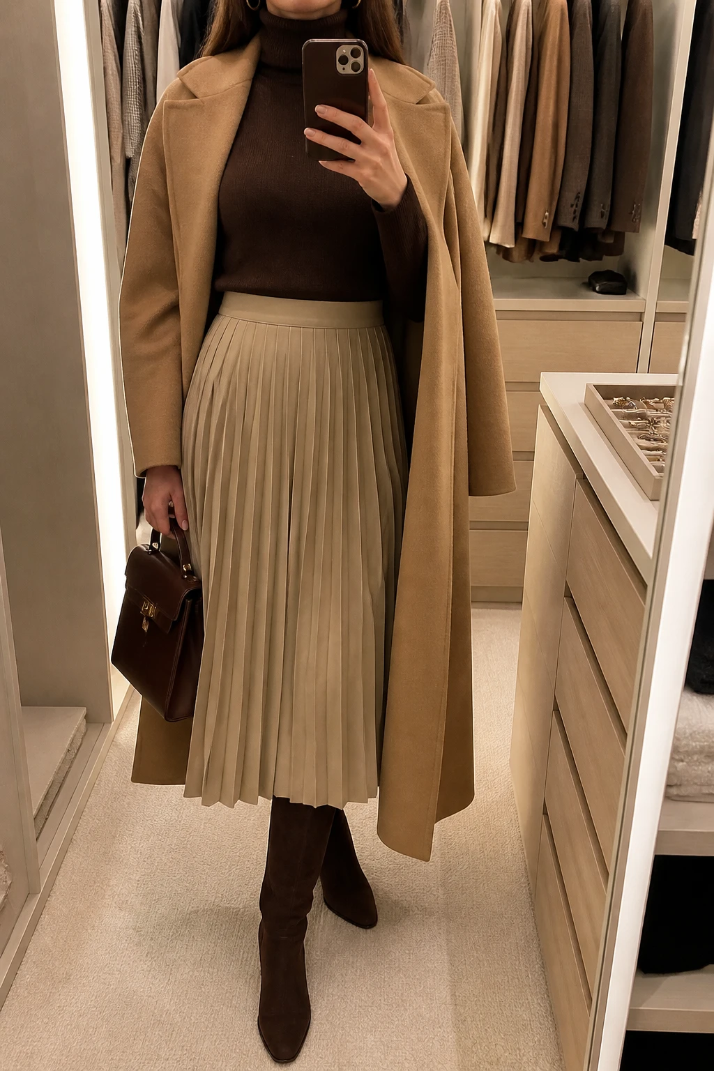 Image Prompt: Mirror selfie of a woman wearing a chocolate brown fitted cashmere turtleneck sweater tucked into a beige wool-blend knife-pleated midi skirt, dark brown suede knee-high boots with low block heels, a long camel wool wrap coat worn open, a structured dark brown leather handbag, and delicate gold hoop earrings, holding a phone in front of a mirror, cropped at the NECK so the face does not show, with a relaxed casual selfie pose, in a walk-in closet mirror, warm soft indoor lighting, an open closet with clothes visible and a jewelry tray on the vanity, natural beige pleated wool movement, realistic chocolate cashmere texture, understated winter elegance, latest iPhone photo quality, no additional clothing or accessories.
