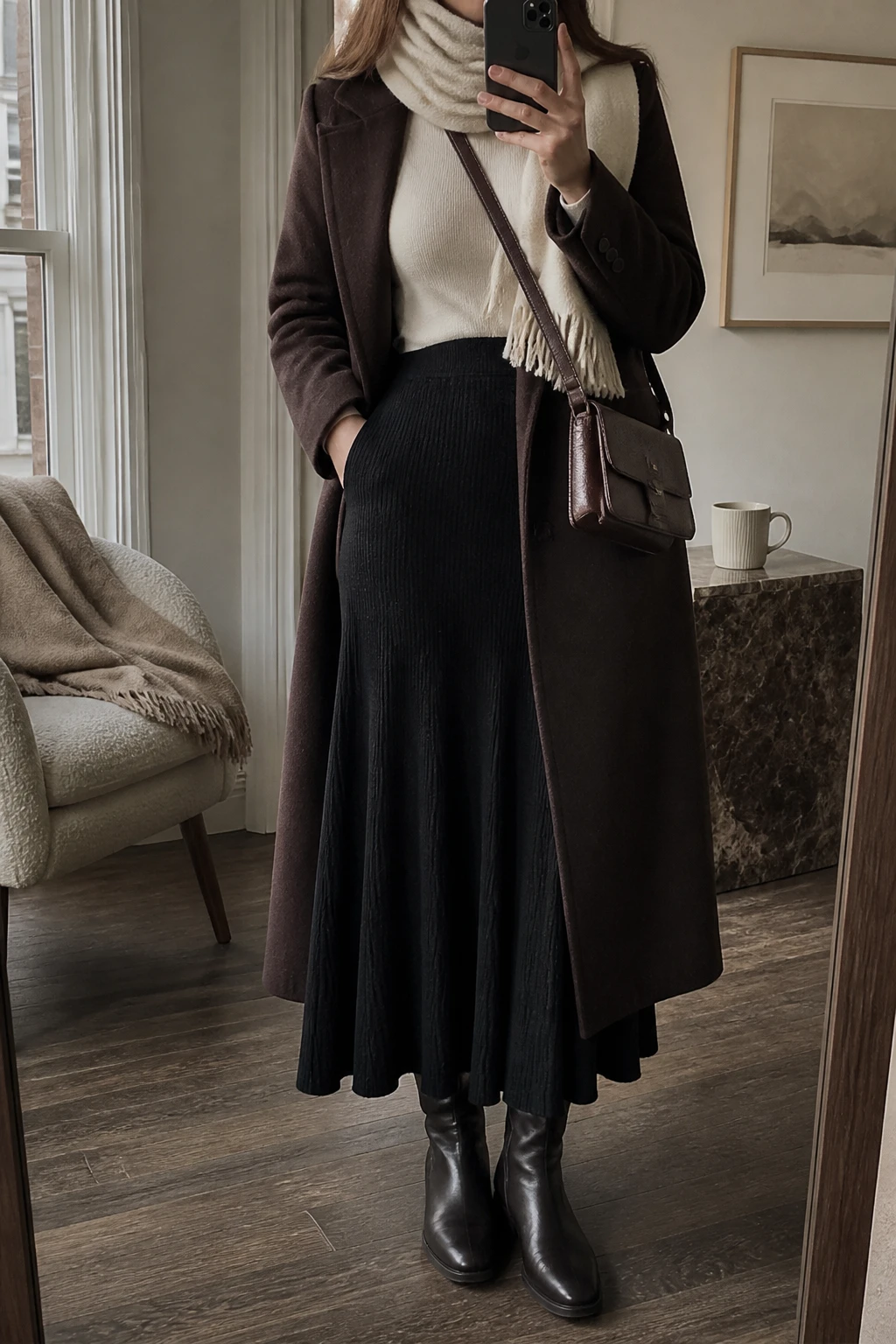 Image Prompt: Mirror selfie of a woman wearing a long chocolate brown tailored wool coat over an ivory fitted merino wool turtleneck sweater, a black high-waisted A-line ribbed knit maxi skirt, black leather knee-high flat boots with rubber soles, a small structured dark brown leather crossbody bag, and a cream cashmere scarf wrapped loosely around the neck, holding a phone in front of a mirror, cropped at the NECK so the face does not show, with a relaxed casual selfie pose, in a stylish city apartment, soft natural window light, a coffee mug on a side table and a folded blanket on a chair, realistic chocolate wool coat texture, natural black knit skirt folds and soft cream cashmere fabric, latest iPhone photo quality, no additional clothing or accessories.