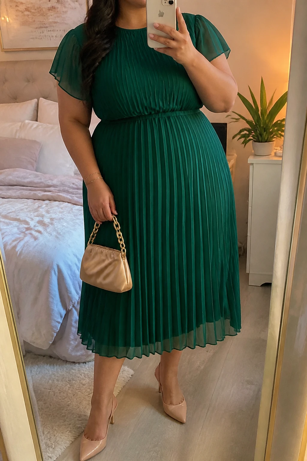 Mirror selfie of a plus size woman wearing an emerald green chiffon pleated midi dress with a lined bodice, short sheer sleeves, and a softly gathered waist, nude pointed slingback heels, a champagne satin mini bag, and small crystal stud earrings, clearly showing the exact dress, emerald pleats, colors, fabrics, footwear, and accessories listed, holding a phone in front of a mirror, cropped at the neck so the face is hidden, relaxed elegant selfie pose, in a feminine-themed bedroom with evening golden-hour lighting, soft pillows on an unmade bed and a small plant on a dresser, realistic graduation ceremony styling, latest iPhone photo quality.
