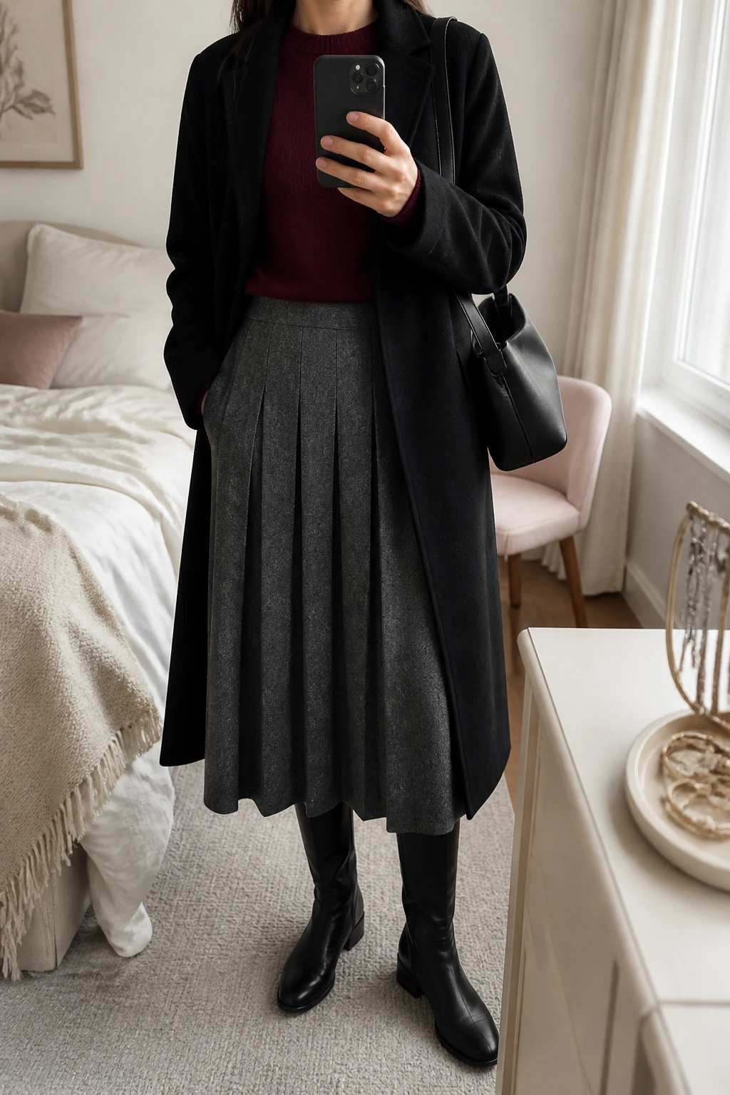Image Prompt: Mirror selfie of a woman wearing a deep burgundy fitted cashmere crewneck sweater tucked into a charcoal grey high-waisted wool-blend pleated midi skirt, black leather knee-high boots with low block heels, a long black tailored wool coat worn open, a structured black leather shoulder bag, and small silver oval earrings, holding a phone in front of a mirror, cropped at the NECK so the face does not show, with a relaxed casual selfie pose, in a feminine-themed bedroom, soft natural window light, soft pillows on an unmade bed and a jewelry tray on the vanity, realistic burgundy cashmere texture, natural charcoal wool pleats, soft black coat folds, latest iPhone photo quality, no additional clothing or accessories.