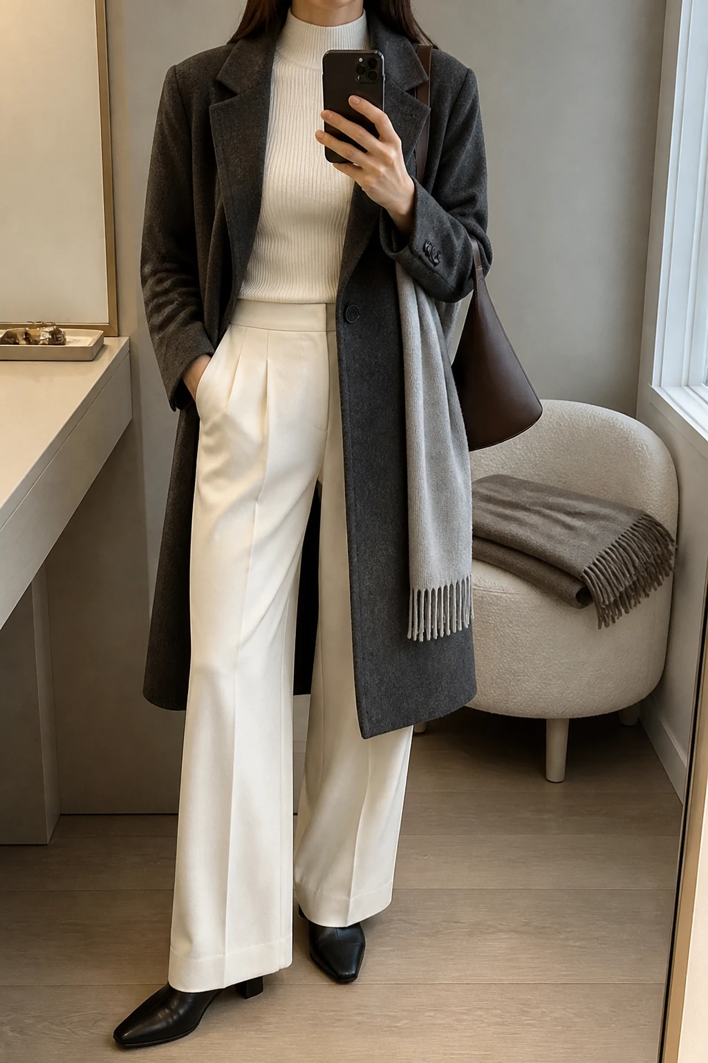 Image Prompt: Mirror selfie of a woman wearing a long charcoal grey single-breasted wool coat over an ivory fitted fine-knit mock-neck sweater, matching ivory high-waisted wide-leg wool trousers, black leather pointed-toe low block-heel ankle boots with rubber soles, a structured dark brown leather shoulder bag, and a light grey cashmere scarf, holding a phone in front of a mirror, cropped at the NECK so the face does not show, with a relaxed casual selfie pose, in a minimal dressing room, soft natural window light, a folded blanket on a chair and a jewelry tray on the vanity, realistic charcoal wool texture, natural ivory tailored trouser folds and soft knit fabric, latest iPhone photo quality, no additional clothing or accessories.