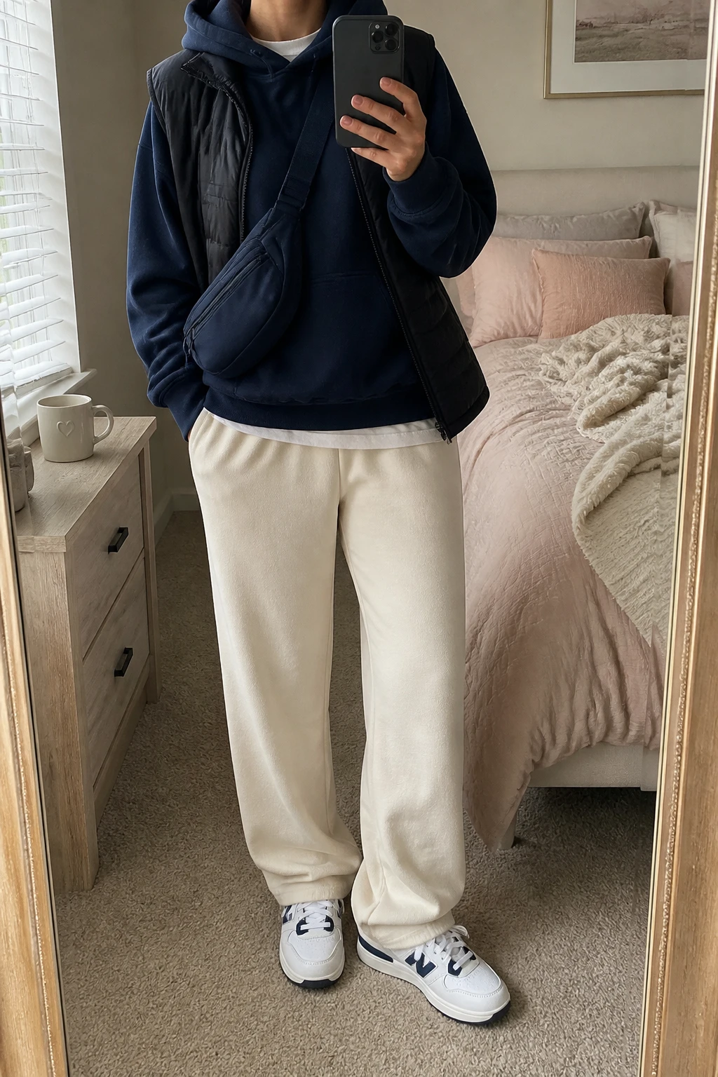 Image Prompt: Mirror selfie of a woman wearing a navy oversized fleece-lined pullover hoodie over a white cotton crewneck T-shirt visible slightly at the neckline and hem, cream straight-leg fleece sweatpants with a soft elastic waistband, white leather cushioned sneakers with navy detailing, a black lightweight quilted puffer vest worn open, and a medium navy nylon zippered crossbody bag, holding a phone in front of a mirror, cropped at the NECK so the face does not show, with a relaxed casual selfie pose, in a feminine-themed bedroom, soft natural window light, soft pillows on an unmade bed and a coffee mug on a bedside table, realistic navy fleece fabric, natural cream sweatpant folds and casual travel-ready styling, latest iPhone photo quality, no additional clothing or accessories.