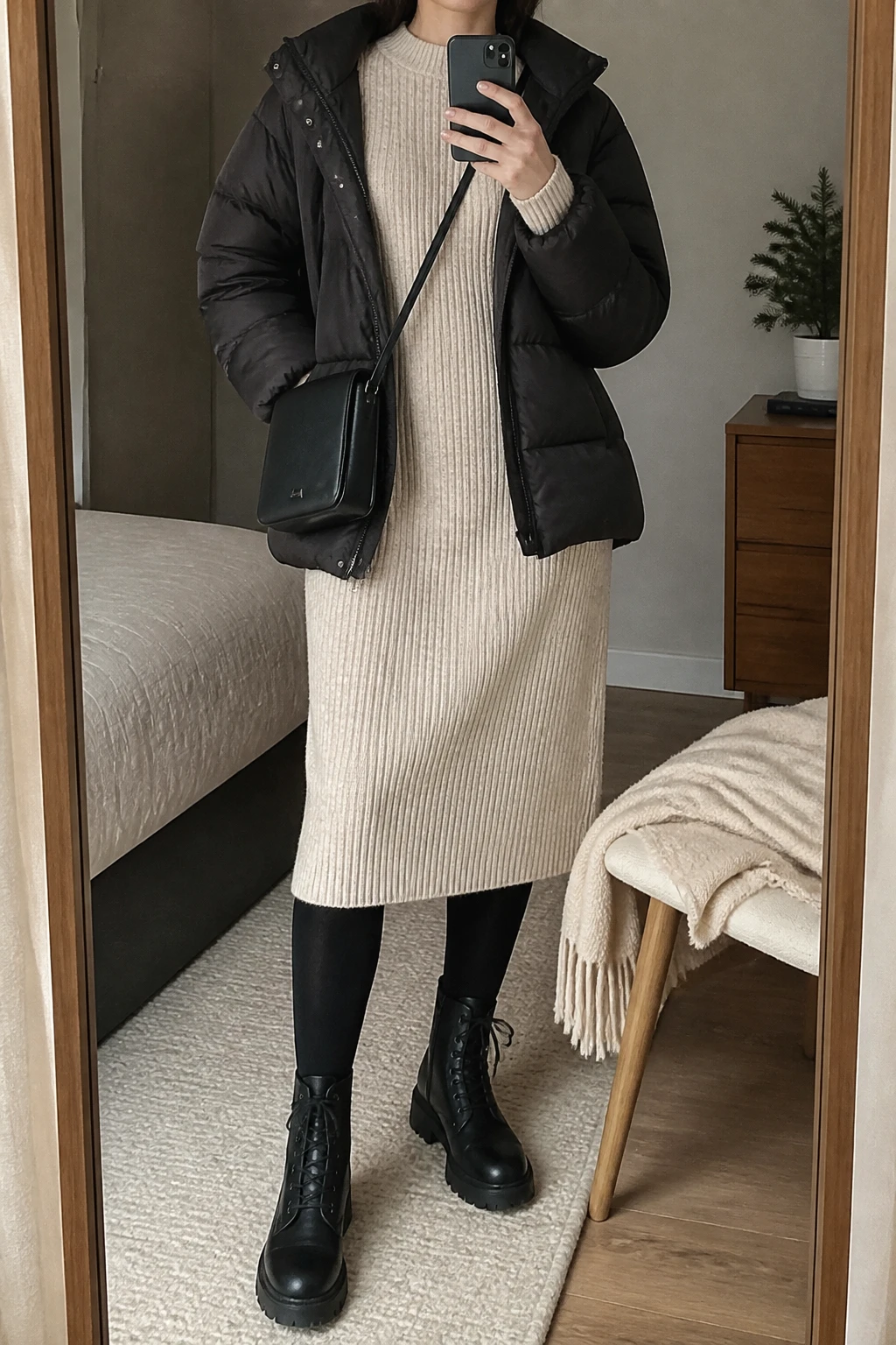 Image Prompt: Mirror selfie of a woman wearing an oatmeal long-sleeve ribbed wool-blend midi sweater dress, a black oversized quilted puffer jacket worn open, black opaque thermal tights, black leather chunky lace-up combat boots with thick flat soles, and a small black leather crossbody bag, holding a phone in front of a mirror, cropped at the NECK so the face does not show, with a relaxed casual selfie pose, in a cozy bedroom mirror setup, soft indoor lighting, a folded blanket on a chair and a small plant on a dresser, realistic sweater dress texture, soft winter fabric folds, latest iPhone photo quality, no additional clothing or accessories.