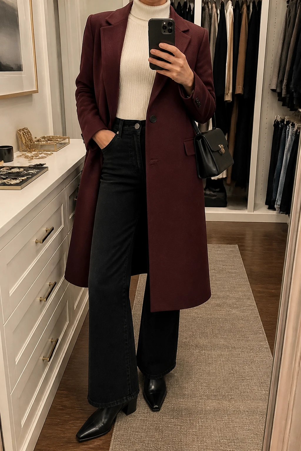 Image Prompt: Mirror selfie of a woman wearing a long burgundy single-breasted tailored wool coat over a cream fitted ribbed turtleneck sweater, black high-waisted flared denim jeans, black leather pointed-toe ankle boots with low block heels, and a small black structured leather handbag, holding a phone in front of a mirror, cropped at the NECK so the face does not show, with a relaxed casual selfie pose, in a walk-in closet mirror, warm soft indoor lighting, an open closet with clothes visible and a jewelry tray on the vanity, realistic burgundy wool texture, natural cream ribbed knit and flared denim folds, latest iPhone photo quality, no additional clothing or accessories.