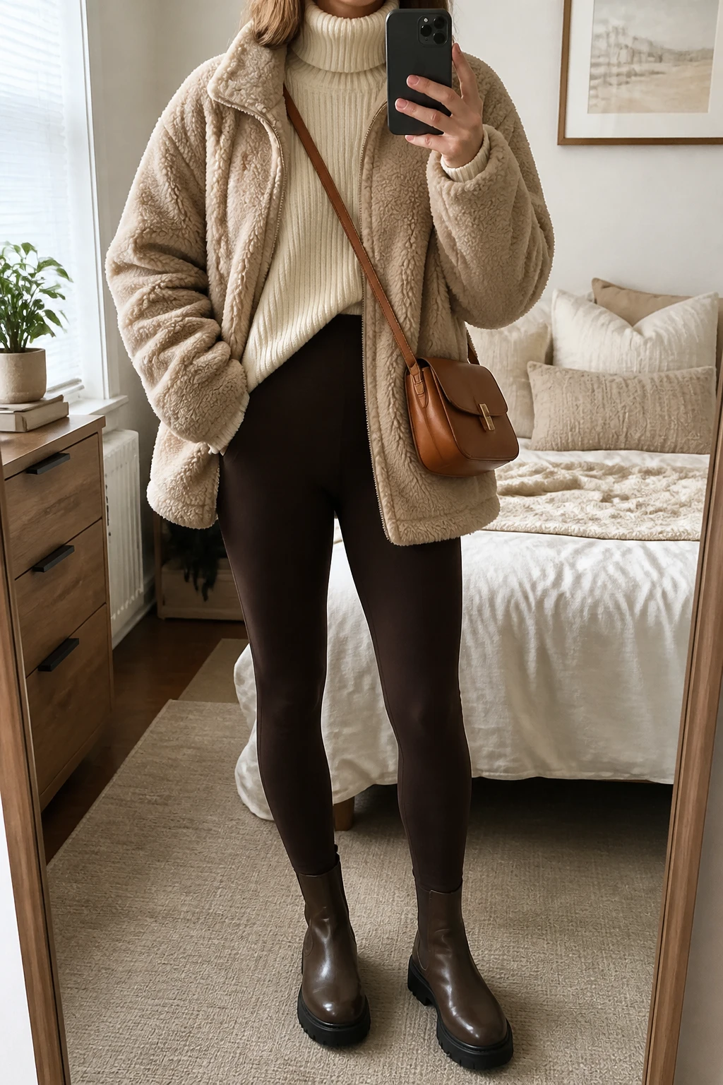 Image Prompt: Mirror selfie of a woman wearing a beige oversized teddy-fleece hip-length jacket over a cream thick ribbed turtleneck sweater, dark chocolate brown high-waisted thermal leggings, dark brown leather chunky Chelsea boots with flat rubber soles, and a small caramel leather crossbody bag, holding a phone in front of a mirror, cropped at the NECK so the face does not show, with a relaxed casual selfie pose, in a cozy bedroom mirror setup, soft natural window light, soft pillows on an unmade bed and a small plant on a dresser, realistic teddy-fleece texture, natural cream knit stitches and chocolate brown leggings, latest iPhone photo quality, no additional clothing or accessories.