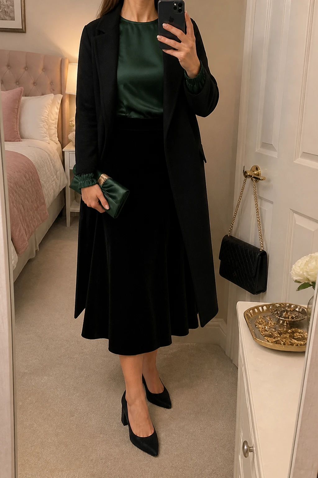 Image Prompt: Mirror selfie of a woman wearing a forest green long-sleeve satin blouse with softly gathered cuffs tucked into a black high-waisted velvet A-line midi skirt, black suede pointed-toe block heels, a small dark green satin evening clutch, delicate gold drop earrings, and a long black tailored wool coat worn open, holding a phone in front of a mirror, cropped at the NECK so the face does not show, with a relaxed casual selfie pose, in a feminine-themed bedroom, warm soft indoor lighting, a jewelry tray on the vanity and a handbag hanging on a door handle, natural satin folds, realistic velvet texture and subdued emerald tones, latest iPhone photo quality, no additional clothing or accessories.