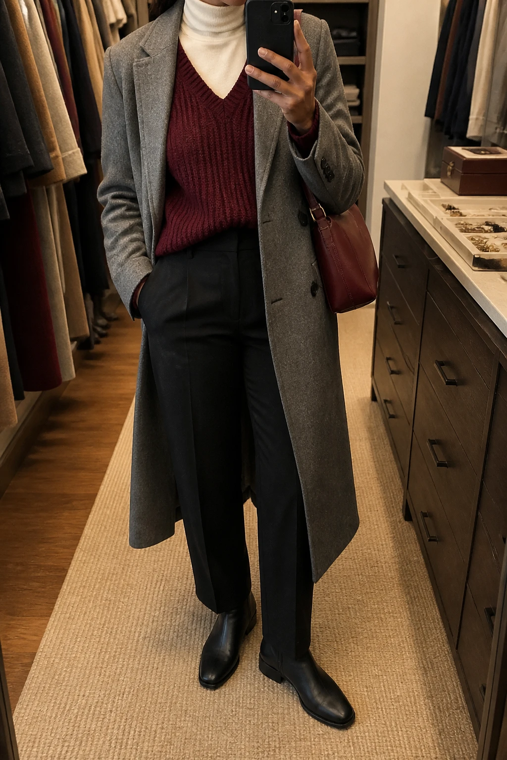 Image Prompt: Mirror selfie of a black woman wearing a long heather grey tailored wool coat open over a burgundy chunky-knit V-neck sweater, an ivory fitted fine-knit turtleneck visible beneath the burgundy sweater, black high-waisted straight-leg wool trousers, black leather low-heeled Chelsea boots, and a structured burgundy leather shoulder bag, holding a phone in front of a mirror, cropped at the NECK so the face does not show, with a relaxed casual selfie pose, in a walk-in closet mirror, warm soft indoor lighting, an open closet with clothes visible and a jewelry tray on the vanity, realistic layered knit textures, natural burgundy and grey tones, slightly imperfect casual appearance, latest iPhone photo quality, no additional clothing or accessories.