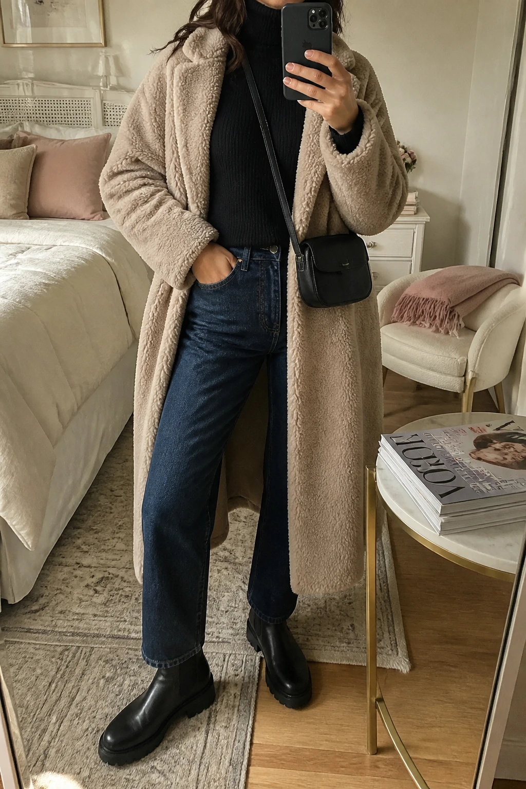 Image Prompt: Mirror selfie of a woman wearing a long beige oversized teddy-fleece coat open over a black fitted fine-knit turtleneck sweater, dark indigo straight-leg denim jeans, black leather chunky flat Chelsea boots, and a small black leather crossbody bag, holding a phone in front of a mirror, cropped at the NECK so the face does not show, with a relaxed casual selfie pose, in a feminine-themed bedroom, warm soft indoor lighting, a folded blanket on a chair and a stack of fashion magazines on a side table, realistic plush teddy-fleece texture, natural denim creases and relaxed winter styling, latest iPhone photo quality, no additional clothing or accessories.