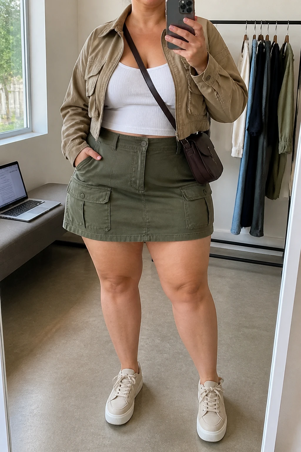 Mirror selfie of a plus size woman wearing an olive green high-waisted cargo mini skirt with flat utility pockets, a fitted white ribbed scoop-neck tank top, a cropped tan cotton utility jacket worn open, cream platform sneakers, and a dark brown nylon crossbody bag, clearly showing the exact clothing items, olive skirt, utility pockets, white ribbed top, tan jacket, footwear, and accessories listed, holding a phone in front of a mirror, cropped at the neck so her face does not appear, relaxed casual selfie pose, in a minimal dressing room with natural window light, a laptop on a bench and a clothing rack with garments behind her, realistic weekend outfit, latest iPhone photo quality.