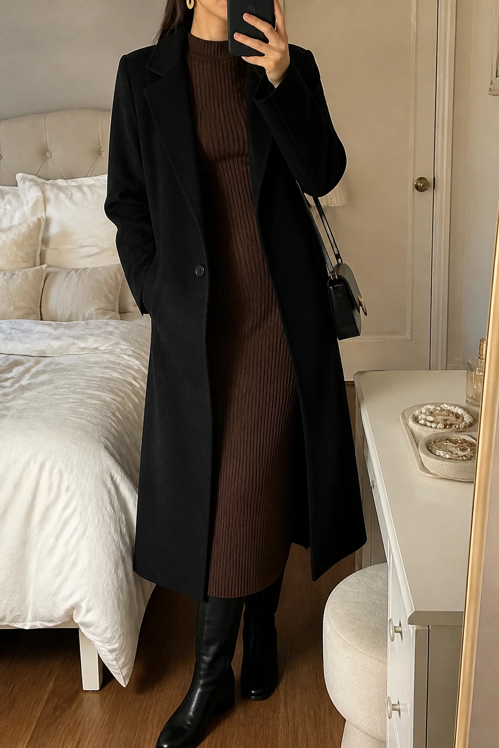 Image Prompt: Mirror selfie of a woman wearing a long black tailored single-breasted wool coat worn open over a chocolate brown long-sleeve ribbed knit midi dress with a high neckline and softly fitted waist, black leather knee-high boots with low block heels, a small structured black leather shoulder bag, and delicate gold oval earrings, holding a phone in front of a mirror, cropped at the NECK so the face does not show, with a relaxed casual selfie pose, in a feminine-themed bedroom, warm soft indoor lighting, soft pillows on an unmade bed and a jewelry tray on the vanity, realistic black wool coat folds, natural chocolate ribbed knit texture and polished everyday proportions, latest iPhone photo quality, no additional clothing or accessories.