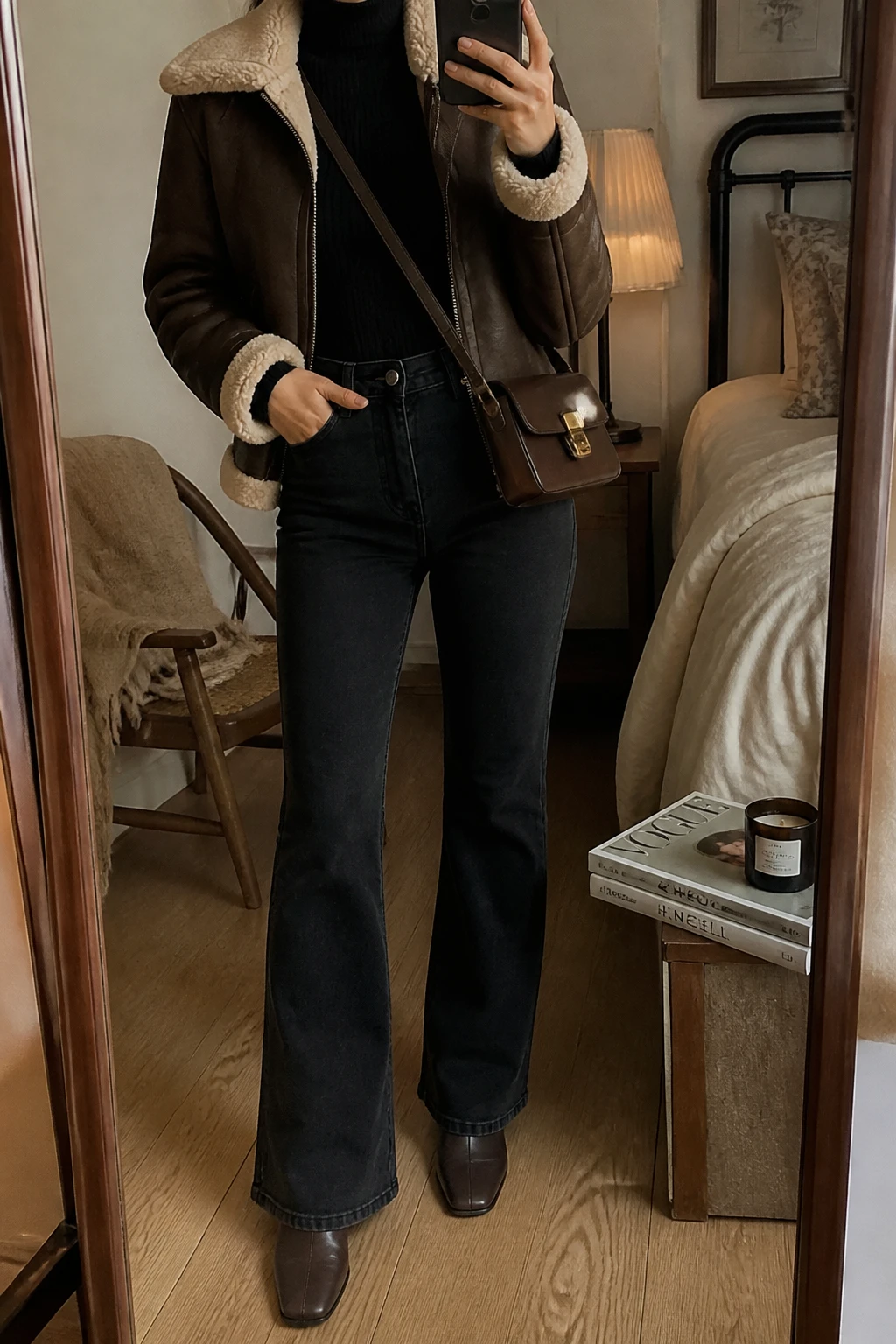 Image Prompt: Mirror selfie of a woman wearing a chocolate brown faux-suede shearling-lined jacket with a cream fleece collar over a black fitted ribbed turtleneck sweater, black high-waisted bootcut denim jeans, dark brown leather square-toe ankle boots with low block heels, and a small chocolate brown leather crossbody bag, holding a phone in front of a mirror, cropped at the NECK so the face does not show, with a relaxed casual selfie pose, in a cozy bedroom mirror setup, warm soft indoor lighting, a folded blanket on a chair and a stack of fashion magazines on a side table, realistic chocolate faux-suede texture, natural bootcut denim folds and warm winter styling, latest iPhone photo quality, no additional clothing or accessories.