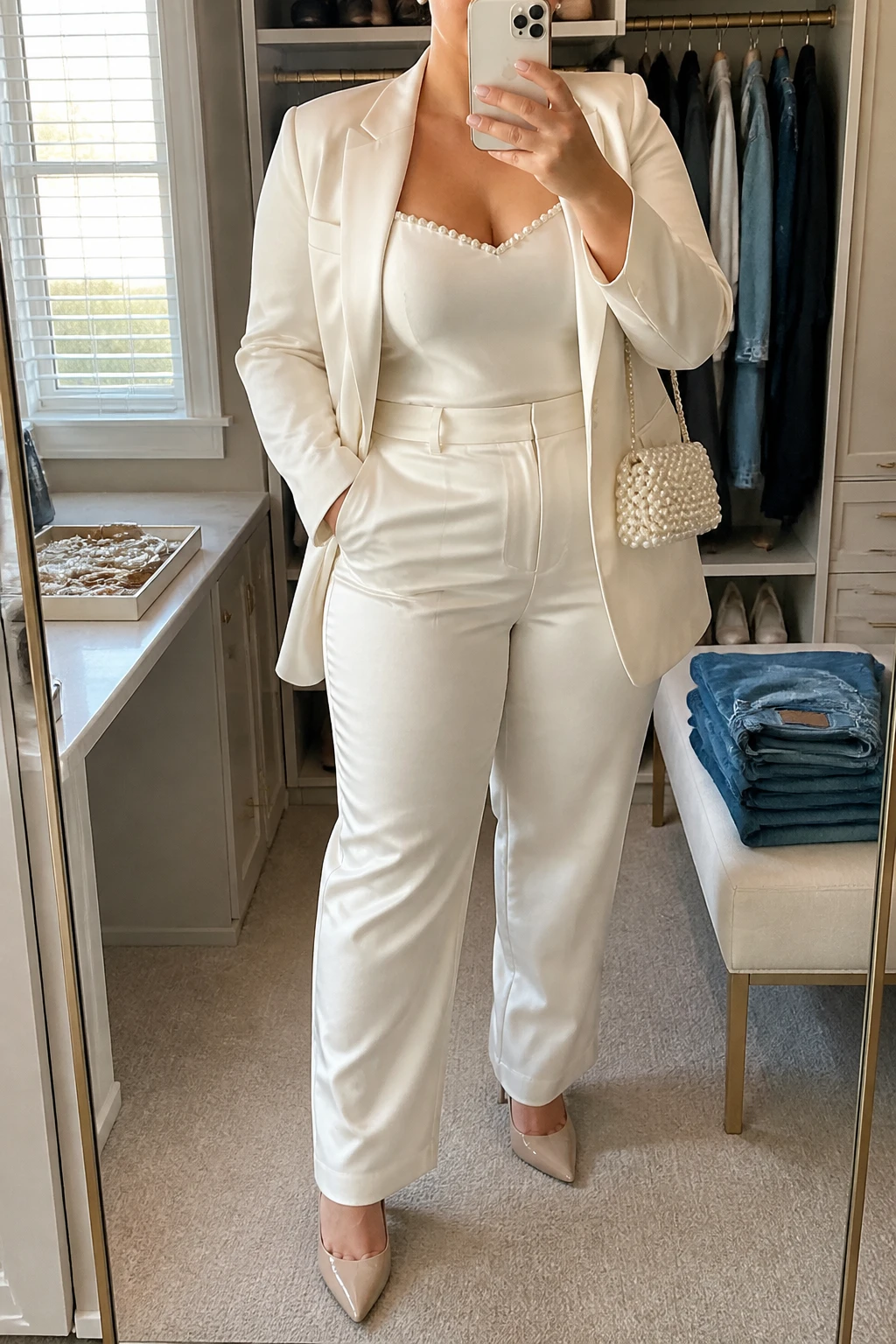 Mirror selfie of a plus size woman wearing an ivory satin blazer with matching high-waisted straight-leg trousers, a fitted pearl-trimmed ivory camisole with wide straps, nude pointed pumps, a pearl-covered mini handbag, and pearl stud earrings, clearly showing the exact suit, ivory satin, pearl details, footwear, and accessories listed, holding a phone in front of a mirror, cropped at the neck so her face does not appear, relaxed sophisticated selfie pose, in a walk-in closet mirror with natural window light, folded denim jeans on a bench and a jewelry tray on the vanity, realistic elegant birthday lunch appearance, latest iPhone photo quality.
