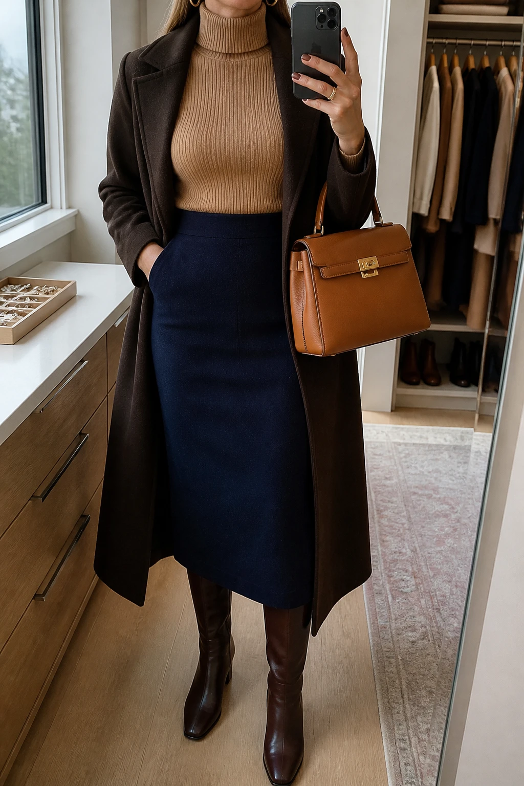 Image Prompt: Mirror selfie of a woman wearing a camel fitted ribbed turtleneck sweater tucked into a navy high-waisted wool-blend midi pencil skirt with a small back slit, dark brown leather knee-high boots with low block heels, a long chocolate brown wool coat worn open, a structured tan leather top-handle handbag, and small gold hoop earrings, holding a phone in front of a mirror, cropped at the NECK so the face does not show, with a relaxed casual selfie pose, in a walk-in closet mirror, soft natural window light, an open closet with clothes visible and a jewelry tray on the vanity, realistic camel ribbed knit stitches, natural navy wool skirt drape and warm brown leather textures, latest iPhone photo quality, no additional clothing or accessories.