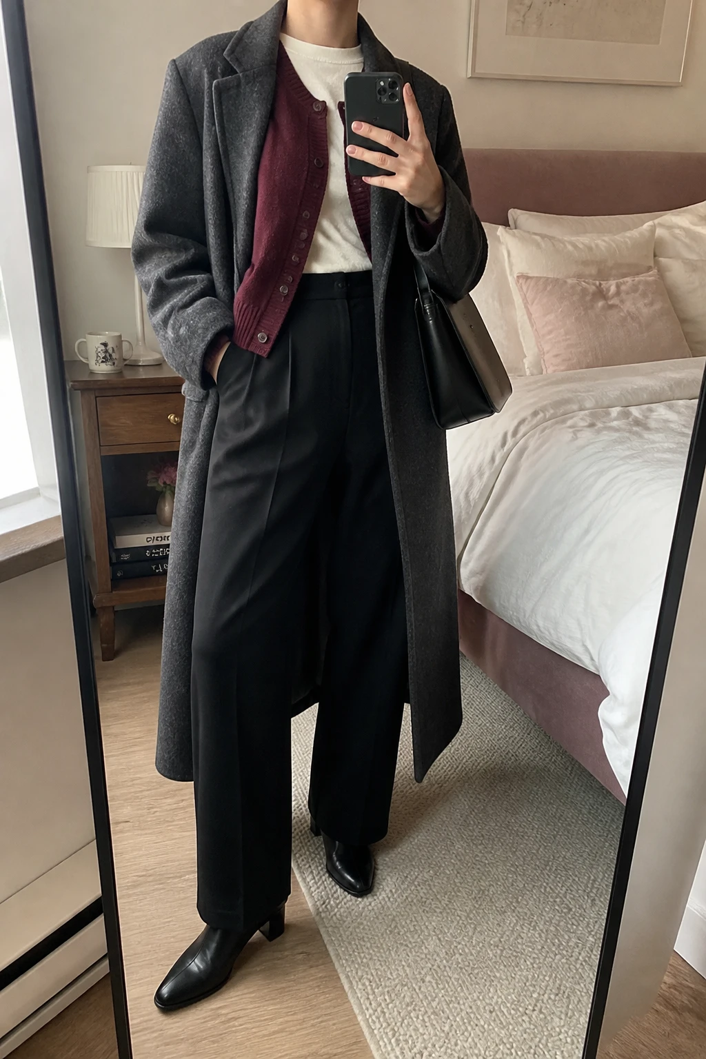 Image Prompt: Mirror selfie of a woman wearing a long charcoal grey wool coat left open over a burgundy fine-knit button-front cardigan, a cream fitted cotton crewneck top visible beneath the partly buttoned cardigan, black high-waisted wide-leg wool trousers, black leather pointed-toe low block-heel ankle boots, and a structured black leather shoulder bag, holding a phone in front of a mirror, cropped at the NECK so the face does not show, with a relaxed casual selfie pose, in a feminine-themed bedroom, natural window light, a coffee mug on a bedside table and soft pillows on an unmade bed, true-to-life burgundy color, natural wool coat drape and cardigan folds, latest iPhone photo quality, no additional clothing or accessories.
