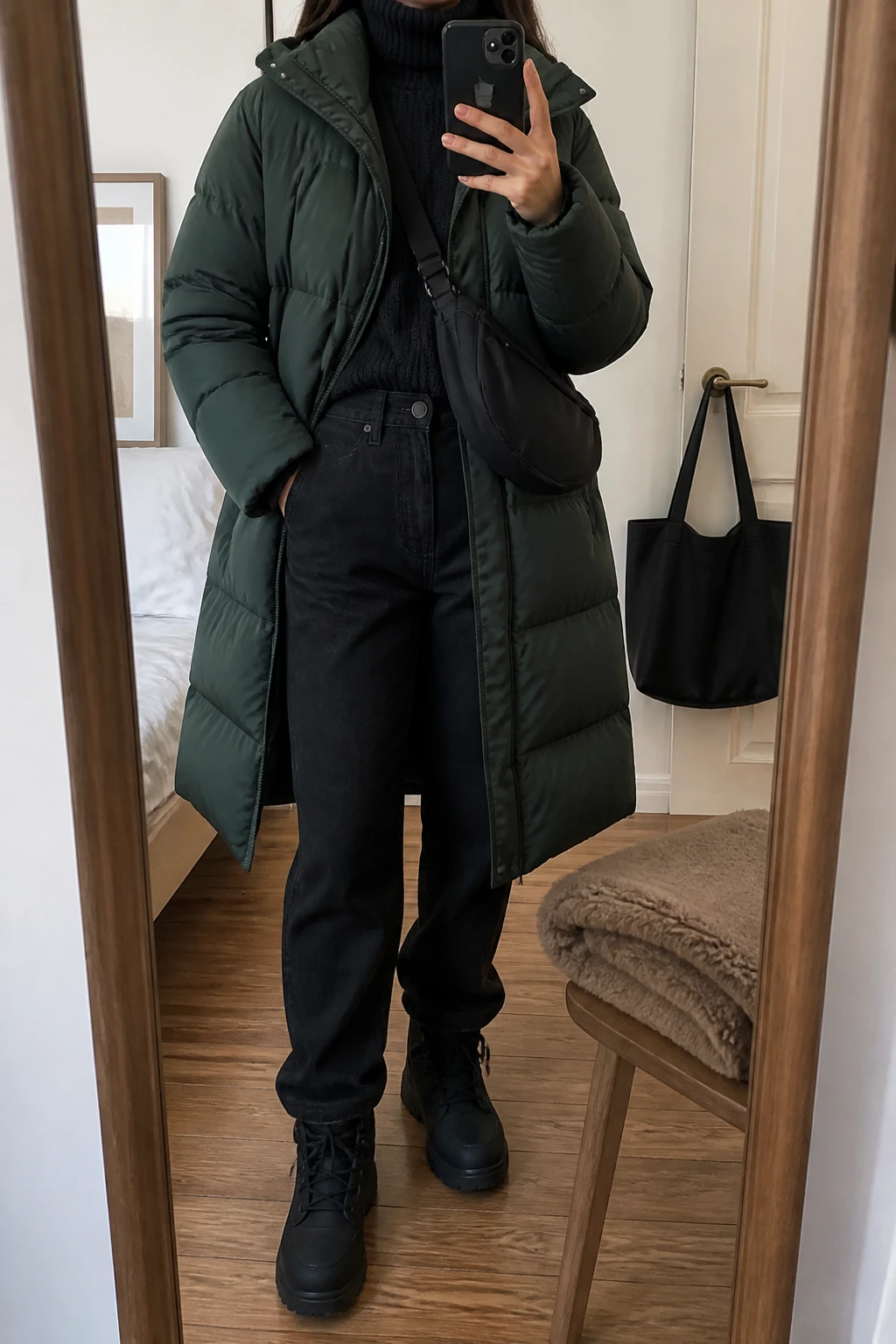 Image Prompt: Mirror selfie of a woman wearing a long forest green insulated down puffer coat over a black thick fleece-lined turtleneck sweater, black high-waisted straight-leg denim jeans, black waterproof insulated snow boots with thick rubber soles, a small black nylon zippered crossbody bag, and a charcoal grey ribbed wool beanie, holding a phone in front of a mirror, cropped at the NECK so the face does not show, with a relaxed casual selfie pose, in a cozy bedroom mirror setup, soft indoor lighting, a folded blanket on a chair and a handbag hanging on a door handle, realistic forest green puffer volume, natural black winter fabric textures and practical travel styling, latest iPhone photo quality, no additional clothing or accessories.