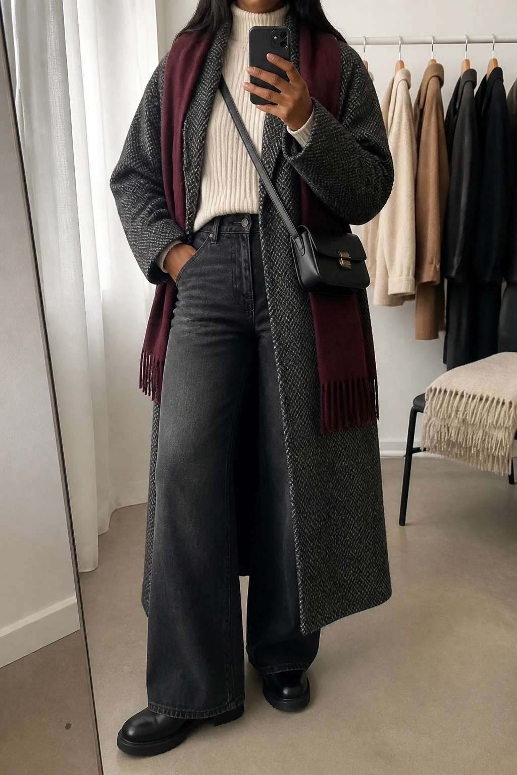 Image Prompt: Mirror selfie of a black woman wearing a long charcoal grey herringbone wool coat left open over a cream fitted ribbed turtleneck sweater, washed black high-waisted wide-leg denim jeans, black leather flat ankle boots with grippy soles, a small structured black leather crossbody bag, and a burgundy wool scarf, holding a phone in front of a mirror, cropped at the NECK so the face does not show, with a relaxed casual selfie pose, in a minimal dressing room, soft natural window light, a clothing rack with garments behind and a folded blanket on a chair, realistic herringbone texture, natural black denim folds and soft winter lighting, latest iPhone photo quality, no additional clothing or accessories.