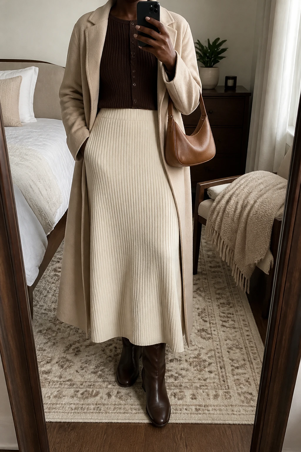 Image Prompt: Mirror selfie of a black woman wearing a chocolate brown fitted ribbed button-front cardigan fully buttoned and tucked slightly into a cream high-waisted ribbed knit A-line maxi skirt, dark brown leather knee-high flat boots, a long beige wool wrap coat worn open, and a small caramel leather shoulder bag, holding a phone in front of a mirror, cropped at the NECK so the face does not show, with a relaxed casual selfie pose, in a cozy bedroom mirror setup, soft natural window light, a folded blanket on a chair and a small plant on a dresser, realistic chocolate ribbed cardigan texture, natural cream knit skirt folds, soft beige wool fabric, latest iPhone photo quality, no additional clothing or accessories.
