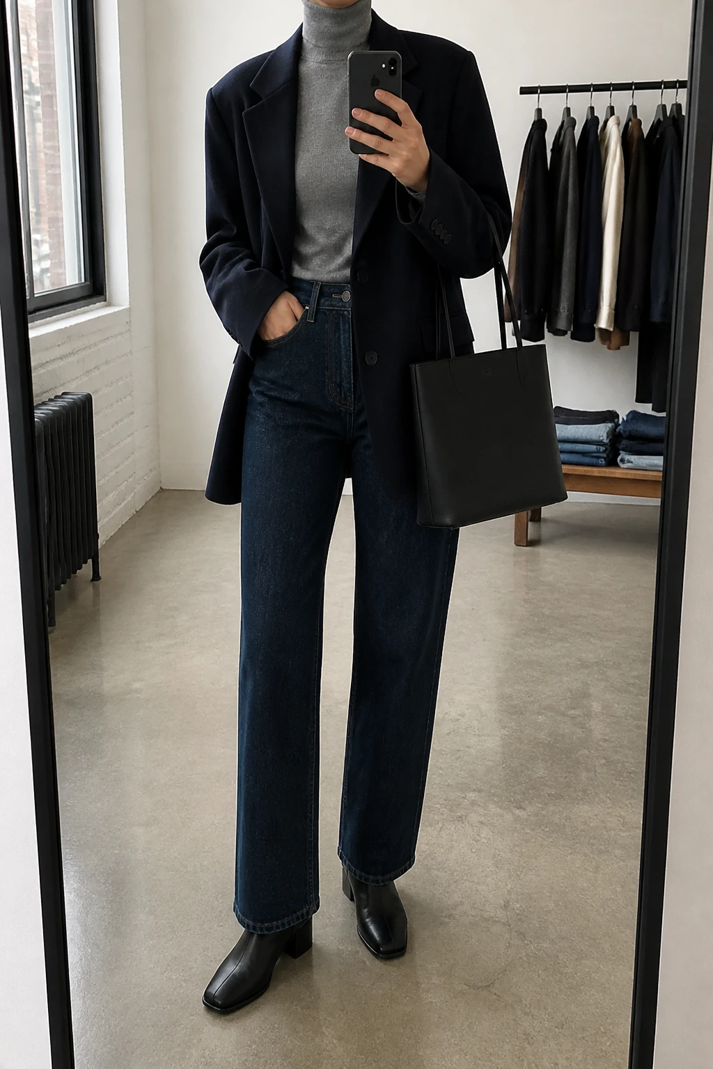 Image Prompt: Mirror selfie of a woman wearing a navy oversized wool-blend blazer over a heather grey fitted cashmere turtleneck sweater, dark indigo high-waisted straight-leg jeans, black leather low-heeled ankle boots, and a structured black leather tote bag, holding a phone in front of a mirror, cropped at the NECK so the face does not show, with a relaxed casual selfie pose, in a fashion studio mirror corner, natural window light, a clothing rack with garments behind and folded denim jeans on a bench, realistic wool blazer texture and soft cashmere fabric, latest iPhone photo quality, no additional clothing or accessories.
