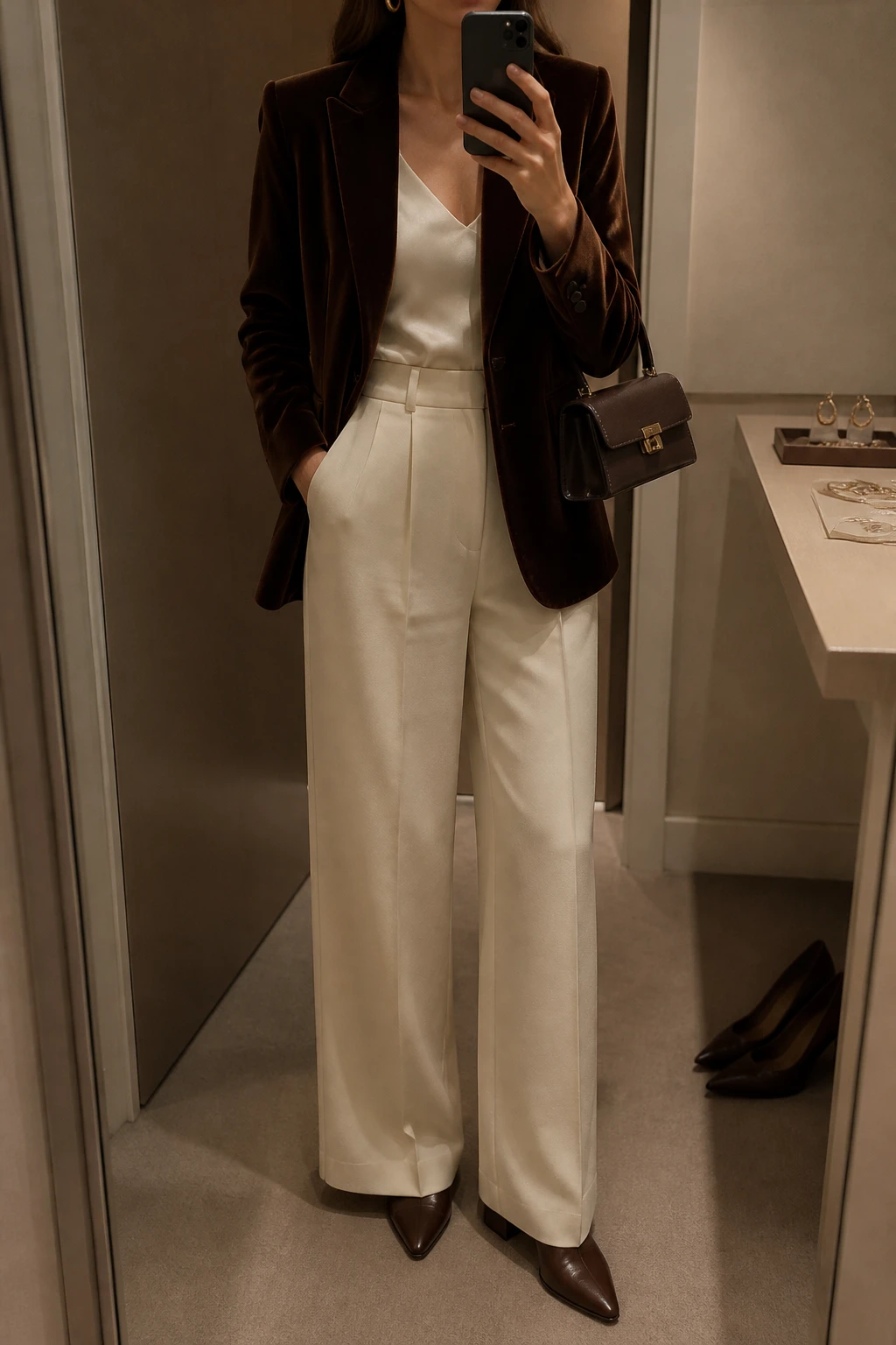 Image Prompt: Mirror selfie of a woman wearing a chocolate brown fitted single-breasted velvet blazer over an ivory silk camisole, cream high-waisted wide-leg tailored wool trousers, dark brown leather pointed-toe block heels, a small structured chocolate brown leather handbag, and delicate gold oval earrings, holding a phone in front of a mirror, cropped at the NECK so the face does not show, with a relaxed casual selfie pose, in a minimal dressing room, warm soft indoor lighting, a jewelry tray on the vanity and a pair of heels on the floor, realistic chocolate velvet texture, natural cream trouser folds, understated formal evening styling, latest iPhone photo quality, no additional clothing or accessories.