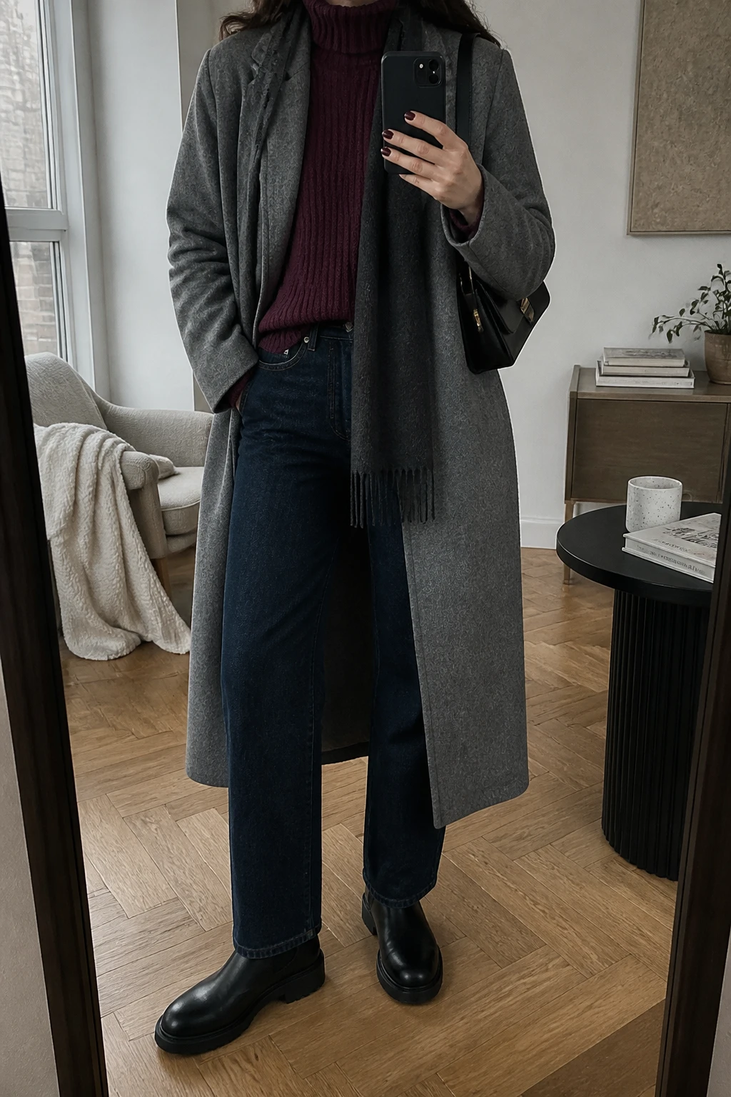 Image Prompt: Mirror selfie of a woman wearing a long heather grey tailored wool coat over a burgundy fitted chunky ribbed turtleneck sweater, dark indigo high-waisted straight-leg denim jeans, black leather chunky flat Chelsea boots with rubber soles, a small structured black leather shoulder bag, and a charcoal grey cashmere scarf, holding a phone in front of a full-length mirror, cropped at the NECK so the face does not show, with a relaxed casual selfie pose, in a stylish city apartment, soft natural window light, a coffee mug on a side table and a folded blanket on a chair, realistic heather grey wool texture, natural burgundy chunky-knit stitches and dark denim folds, latest iPhone photo quality, no additional clothing or accessories.
