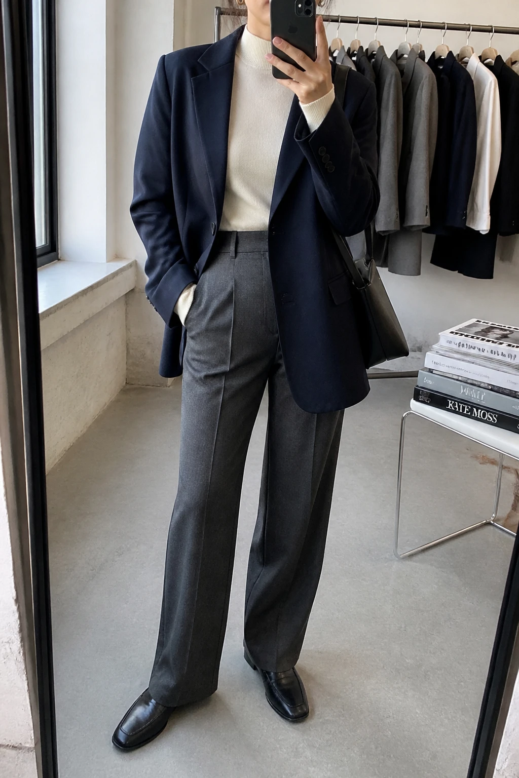 Image Prompt: Mirror selfie of a woman wearing an oversized navy single-breasted wool-blend blazer over a cream fitted cashmere mock-neck sweater, charcoal grey high-waisted straight-leg tailored wool trousers, black leather polished flat loafers with rubber soles, a structured black leather shoulder bag, and small gold hoop earrings, holding a phone in front of a mirror, cropped at the NECK so the face does not show, with a relaxed casual selfie pose, in a fashion studio mirror corner, soft natural window light, a clothing rack with garments behind and a stack of fashion magazines on a side table, realistic navy wool blazer texture, natural grey trouser creases and soft cream knit fabric, latest iPhone photo quality, no additional clothing or accessories.