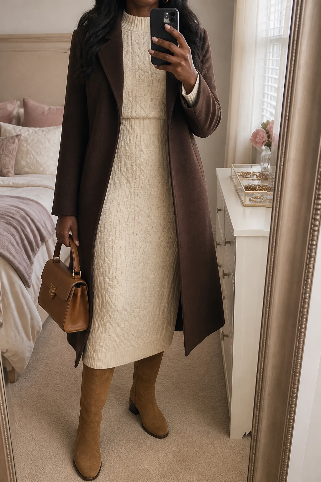 Image Prompt: Mirror selfie of a black woman wearing a cream long-sleeve cable-knit midi dress with a high neckline and softly defined waist, camel suede knee-high boots with low block heels, a long chocolate brown tailored wool coat worn open, a small caramel leather top-handle handbag, and delicate gold hoop earrings, holding a phone in front of a mirror, cropped at the NECK so the face does not show, with a relaxed casual selfie pose, in a feminine-themed bedroom, soft natural window light, soft pillows on an unmade bed and a jewelry tray on the vanity, realistic cream cable-knit texture, natural camel suede finish, softly lit medium-brown skin visible on hands, latest iPhone photo quality, no additional clothing or accessories.