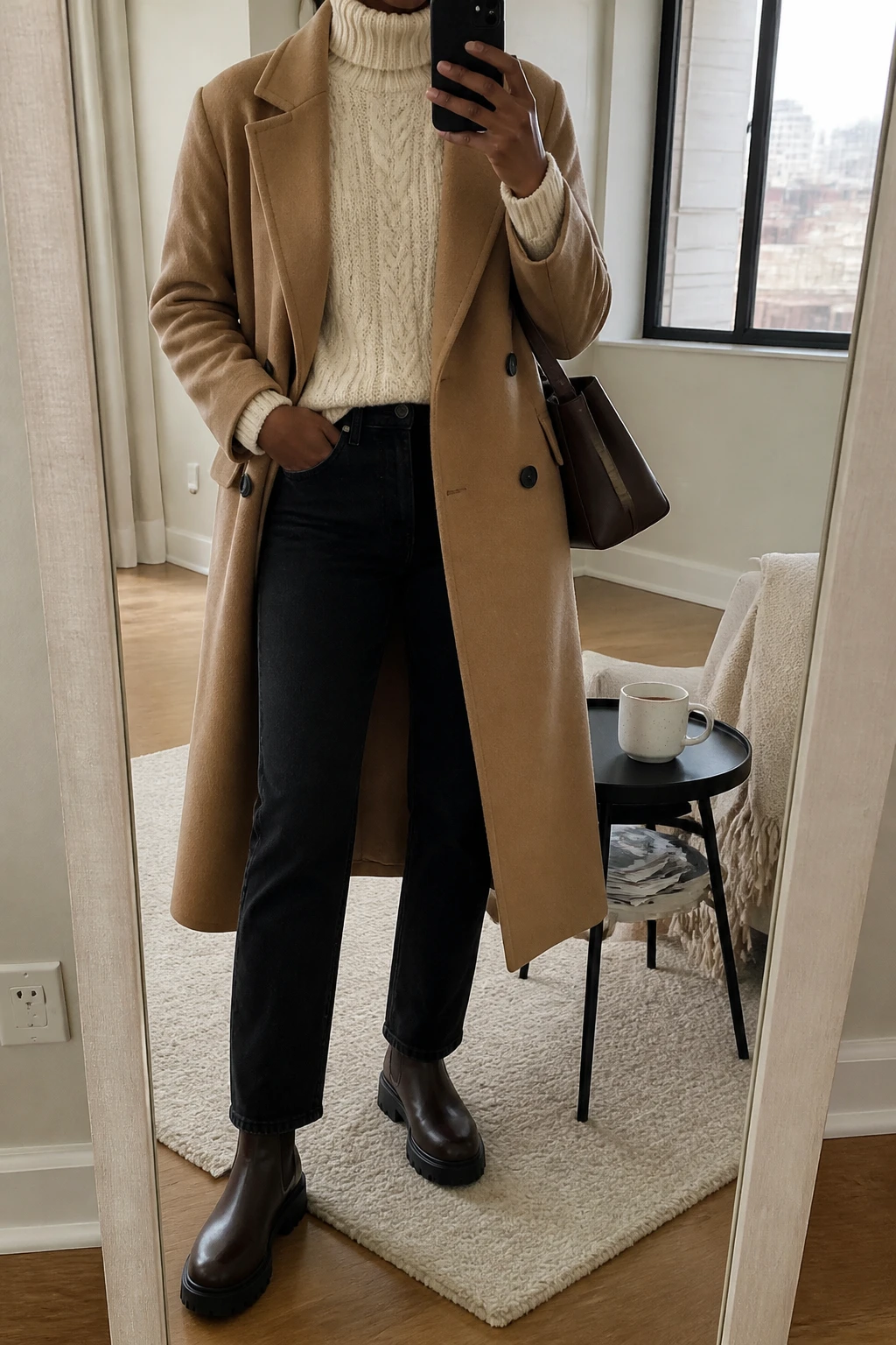Image Prompt: Mirror selfie of a black woman wearing a long camel double-breasted wool coat left open over a cream chunky cable-knit turtleneck sweater, black high-waisted straight-leg denim jeans, chocolate brown leather chunky Chelsea boots with flat rubber soles, and a structured dark brown leather shoulder bag, holding a phone in front of a full-length mirror, cropped at the NECK so the face does not show, with a relaxed casual selfie pose, in a stylish city apartment, soft natural window light, a coffee mug on a side table and a folded blanket on a chair, realistic camel wool texture, natural cream cable-knit stitches, slightly creased black denim, latest iPhone photo quality, no additional clothing or accessories.