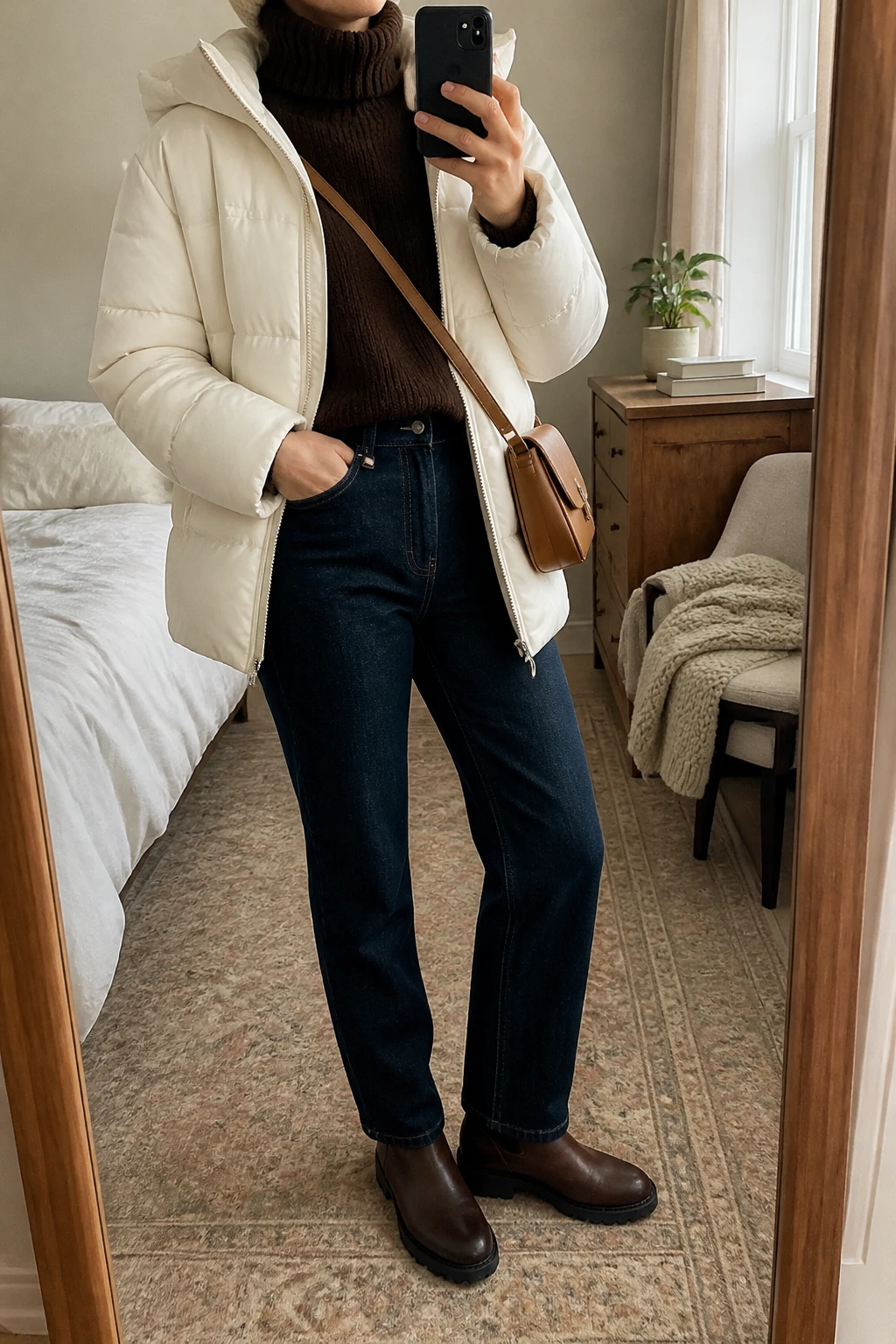 Image Prompt: Mirror selfie of a woman wearing a cream insulated hooded hip-length puffer jacket over a chocolate brown chunky ribbed turtleneck sweater, dark indigo high-waisted straight-leg denim jeans, dark brown waterproof leather flat ankle boots with grippy rubber soles, a small caramel nylon crossbody bag, and a beige ribbed knit beanie, holding a phone in front of a mirror, cropped at the NECK so the face does not show, with a relaxed casual selfie pose, in a cozy bedroom mirror setup, soft natural window light, a folded blanket on a chair and a small plant on a dresser, realistic cream quilted fabric, natural chocolate knit stitches and denim folds, latest iPhone photo quality, no additional clothing or accessories.