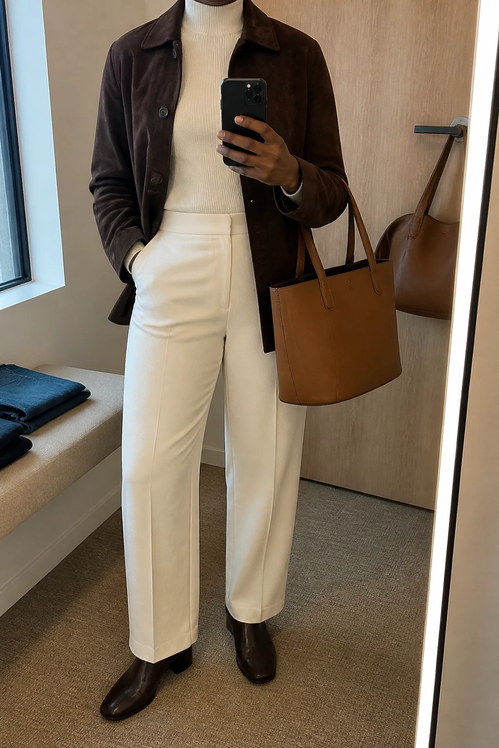 Image Prompt: Mirror selfie of a black woman wearing a chocolate brown faux-suede hip-length jacket over a cream fitted fine-knit mock-neck sweater, winter-white high-waisted straight-leg tailored trousers, dark brown leather low block-heel ankle boots, and a caramel leather structured tote bag, holding a phone in front of a mirror, cropped at the NECK so the face does not show, with a relaxed casual selfie pose, in a minimal dressing room, natural window light, folded denim jeans on a bench and a handbag hanging on a door handle, realistic suede texture, natural cream trouser folds and soft warm-neutral colors, latest iPhone photo quality, no additional clothing or accessories.
