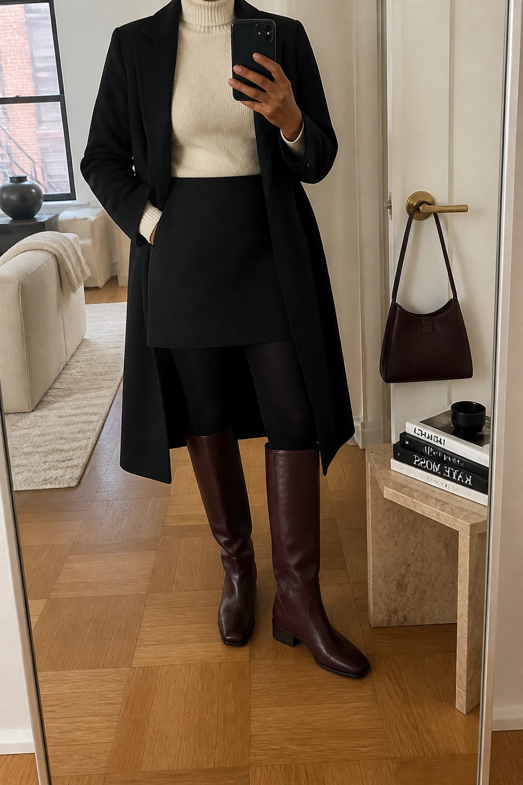 Image Prompt: Mirror selfie of a black woman wearing a black high-waisted wool-blend A-line mini skirt, an ivory fitted cashmere turtleneck sweater, burgundy leather knee-high boots with low block heels, black opaque thermal tights, and a long black tailored wool coat worn open, holding a phone in front of a mirror, cropped at the NECK so the face does not show, with a relaxed casual selfie pose, in a stylish city apartment, warm soft indoor lighting, a handbag hanging on a door handle and a stack of fashion magazines on a side table, realistic burgundy leather texture, natural wool fabric and true-to-life winter outfit proportions, latest iPhone photo quality, no additional clothing or accessories.