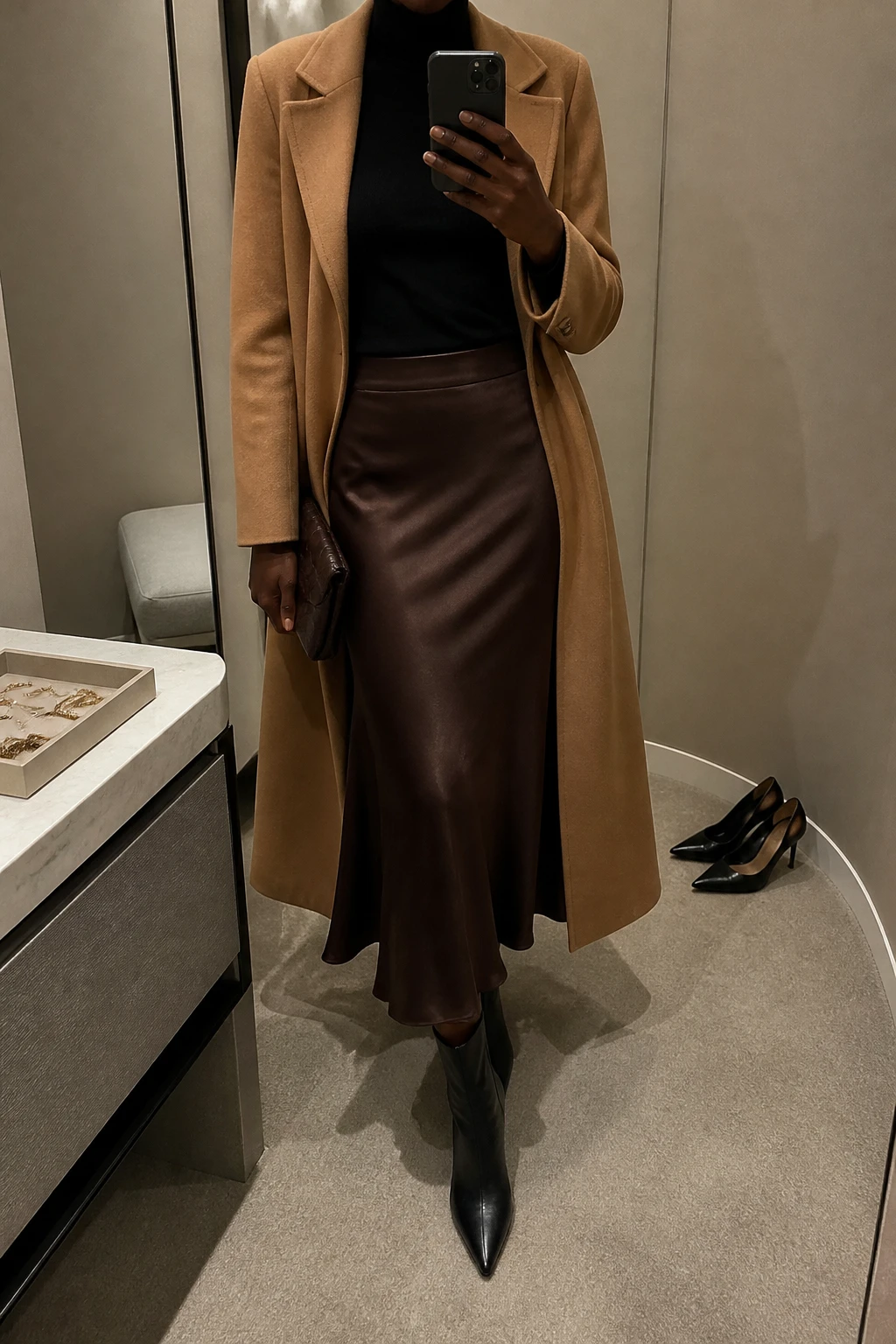 Image Prompt: Mirror selfie of a black woman wearing a black fitted cashmere turtleneck sweater tucked into a chocolate brown satin bias-cut midi skirt, black leather pointed-toe heeled ankle boots, a long camel tailored wool coat worn open, and a small dark brown leather clutch bag, holding a phone in front of a mirror, cropped at the NECK so the face does not show, with a relaxed casual selfie pose, in a minimal dressing room, warm moody lighting, a jewelry tray on the vanity and a pair of heels on the floor, realistic chocolate satin fabric with gentle natural reflections, soft black cashmere texture and casual evening posture, latest iPhone photo quality, no additional clothing or accessories.