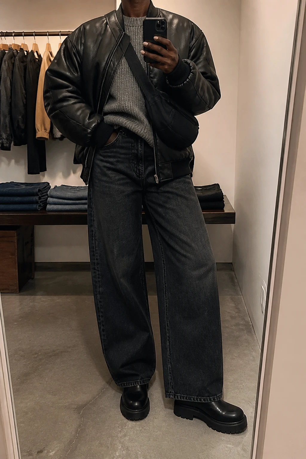 Image Prompt: Mirror selfie of a black woman wearing an oversized black padded faux-leather bomber jacket over a heather grey thick ribbed crewneck sweater, washed black high-waisted wide-leg denim jeans, black leather chunky platform Chelsea boots with flat rubber soles, and a small black nylon crossbody bag, holding a phone in front of a mirror, cropped at the NECK so the face does not show, with a relaxed casual selfie pose, in a fashion studio mirror corner, warm soft indoor lighting, a clothing rack with garments behind and folded denim jeans on a bench, realistic black leather grain, natural grey sweater texture and relaxed black denim folds, latest iPhone photo quality, no additional clothing or accessories.