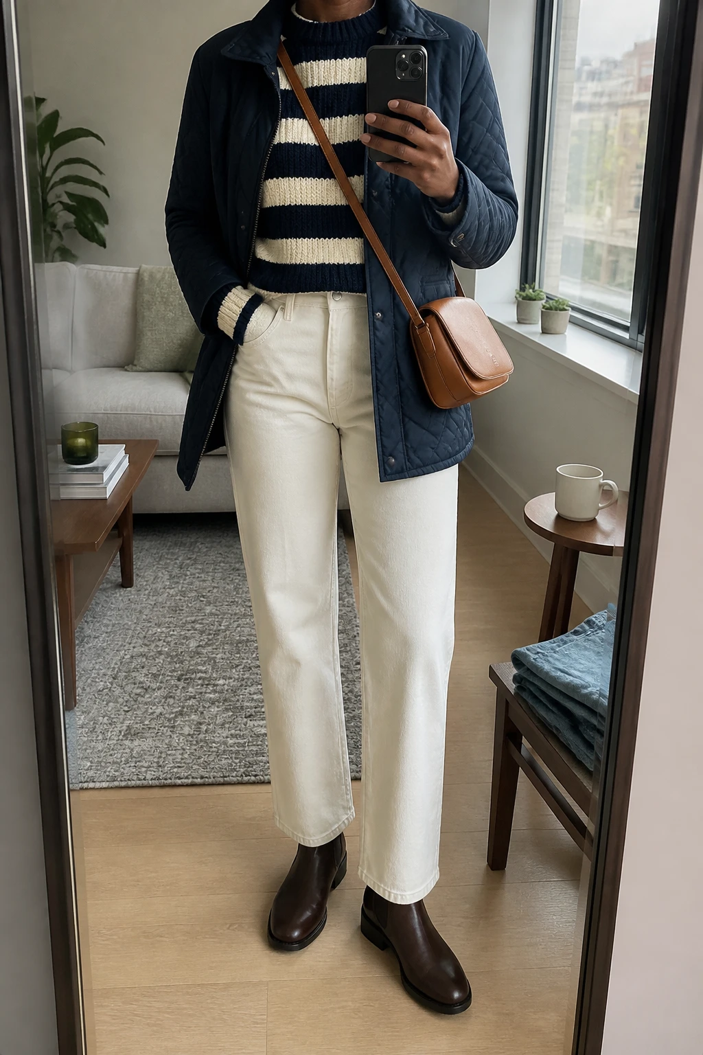 Image Prompt: Mirror selfie of a black woman wearing a navy and cream striped chunky-knit crewneck sweater, cream high-waisted straight-leg denim jeans, a navy hip-length quilted winter jacket worn open, dark brown leather flat Chelsea boots, and a medium tan leather crossbody bag, holding a phone in front of a mirror, cropped at the NECK so the face does not show, with a relaxed casual selfie pose, in a stylish city apartment, natural window light, a coffee mug on a side table and folded denim jeans on a bench, realistic chunky knit, soft winter daylight, natural fabric folds, latest iPhone photo quality, no additional clothing or accessories.
