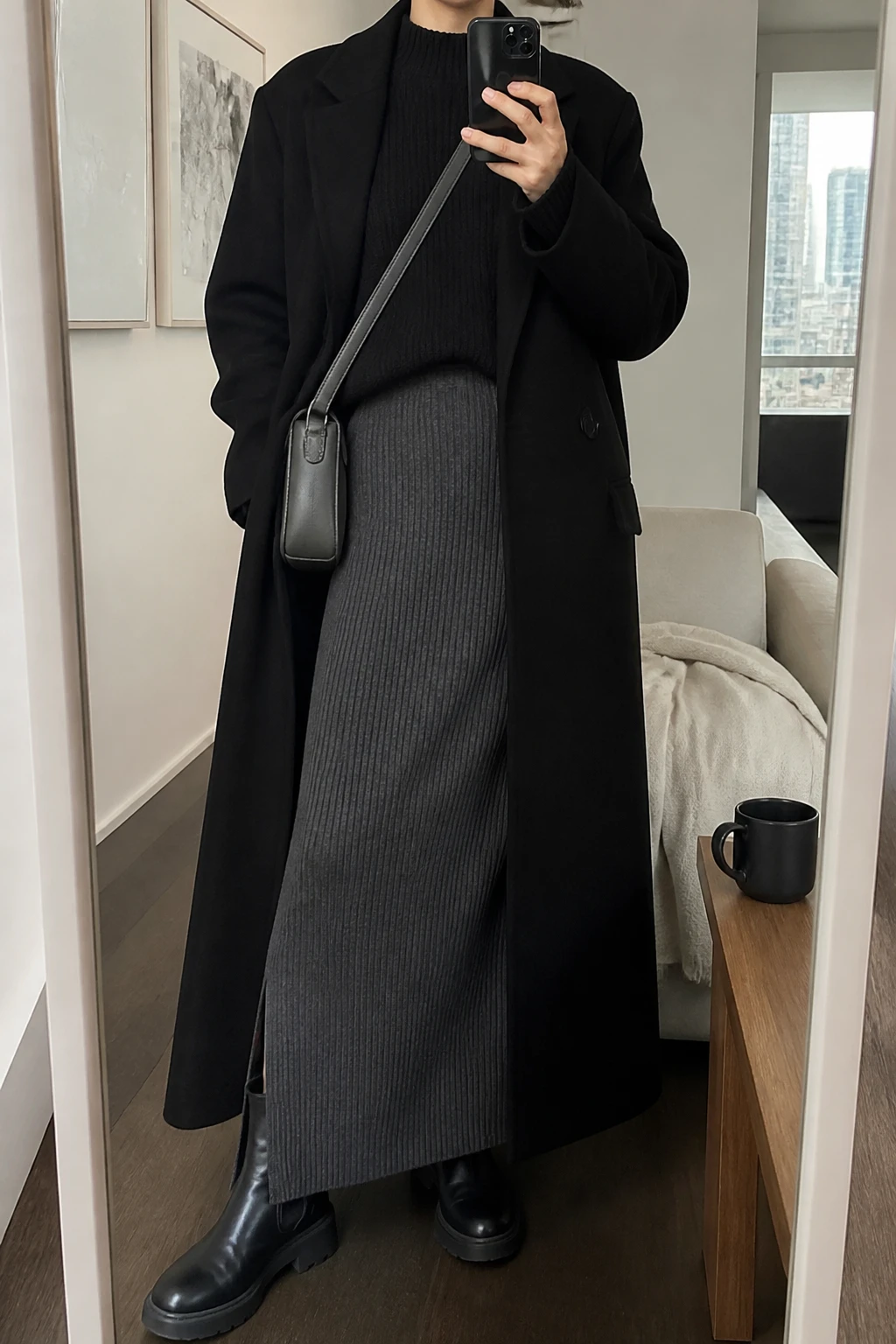 Image Prompt: Mirror selfie of a woman wearing a black oversized chunky ribbed crewneck sweater with a slight front tuck into a charcoal grey high-waisted straight-cut ribbed knit maxi skirt with a small side slit, black leather chunky flat Chelsea boots, a long black tailored wool coat worn open, and a small charcoal grey leather crossbody bag, holding a phone in front of a mirror, cropped at the NECK so the face does not show, with a relaxed casual selfie pose, in a stylish city apartment, soft indoor lighting, a coffee mug on a side table and a folded blanket on a chair, realistic black chunky knit stitches, natural charcoal ribbed skirt folds, relaxed winter proportions, latest iPhone photo quality, no additional clothing or accessories.