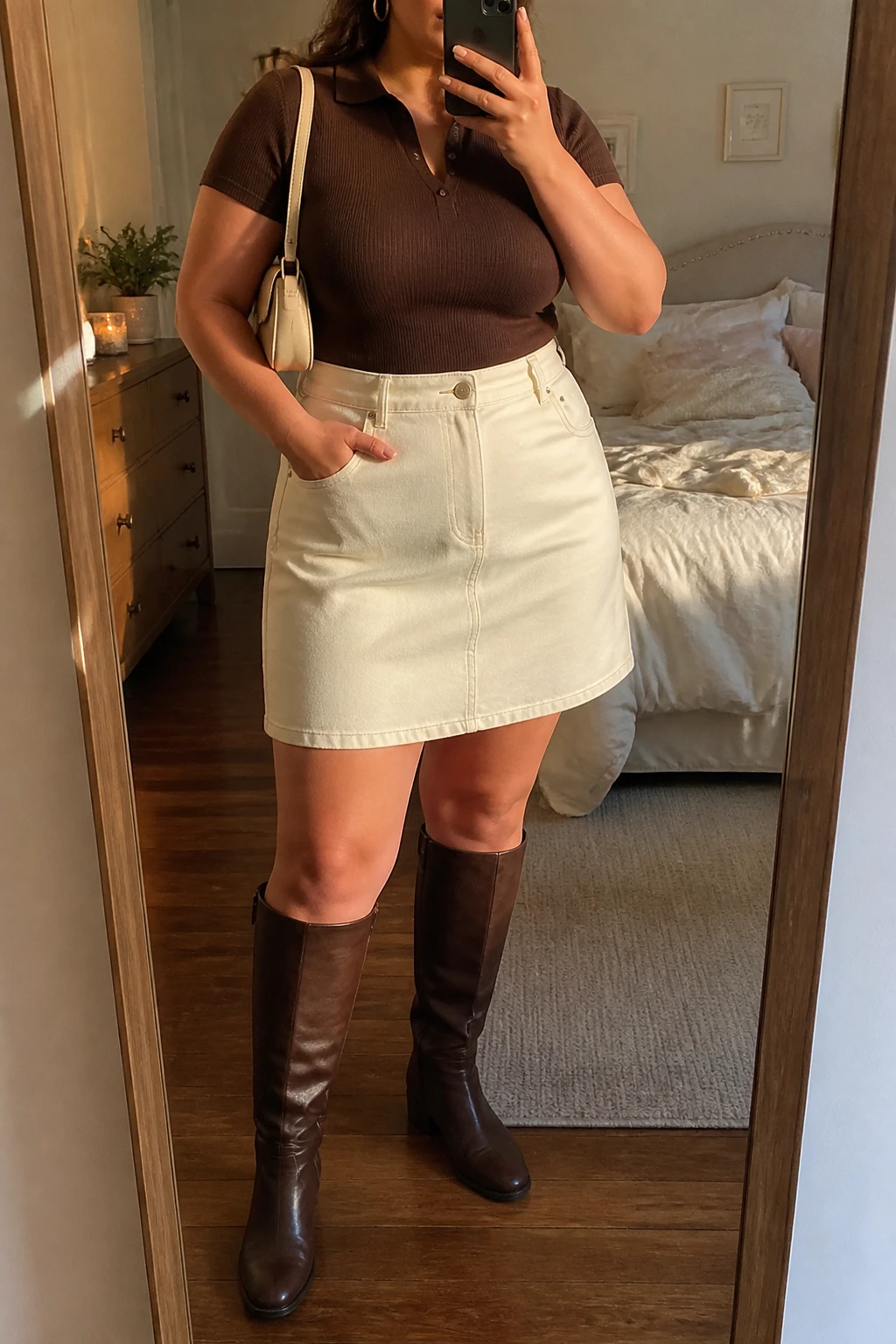 Mirror selfie of a plus size woman wearing a cream high-waisted A-line denim mini skirt, a fitted chocolate brown short-sleeve knit polo, chocolate brown knee-high boots with low block heels, a structured cream shoulder bag, and small gold hoop earrings, clearly showing the exact clothing items, cream denim, chocolate knit, colors, footwear, and accessories listed, holding a phone in front of a mirror, cropped at the neck so her face does not show, relaxed sophisticated selfie pose, in a feminine-themed bedroom with evening golden-hour lighting, a small plant on a dresser and soft pillows on an unmade bed, realistic transitional-season outfit, latest iPhone photo quality.