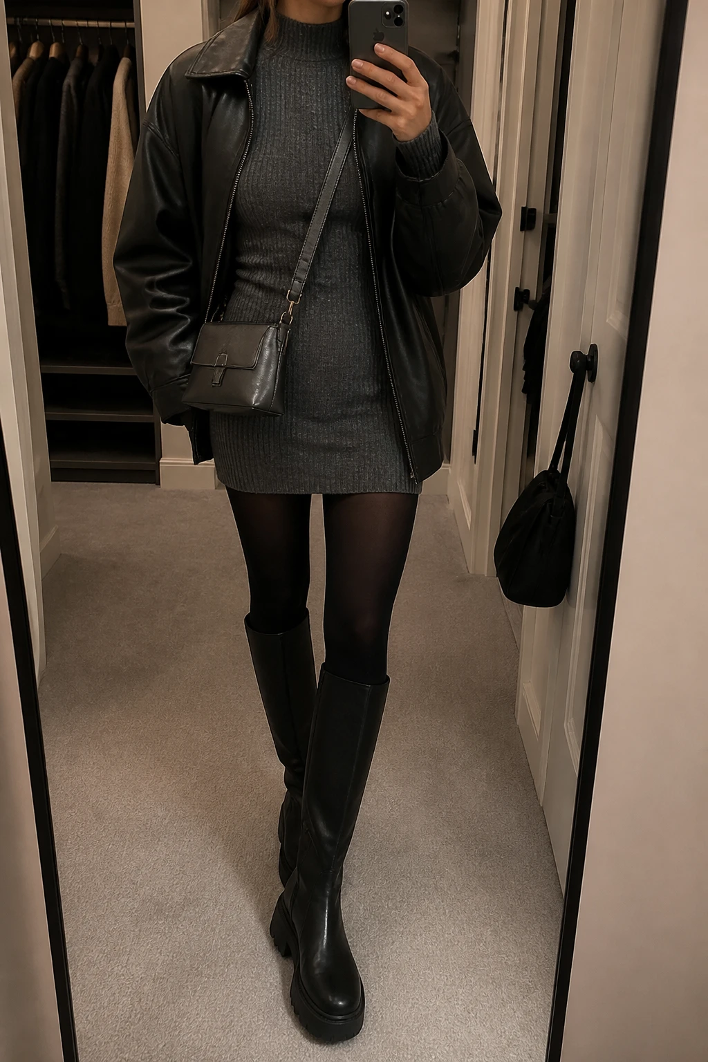 Image Prompt: Mirror selfie of a woman wearing a charcoal grey long-sleeve ribbed knit mini dress with a high neckline, black opaque thermal tights, black leather knee-high platform boots with thick flat soles, an oversized black faux-leather jacket worn open, and a small charcoal grey leather crossbody bag, holding a phone in front of a mirror, cropped at the NECK so the face does not show, with a relaxed casual selfie pose, in a walk-in closet mirror, warm moody lighting, an open closet with clothes visible and a handbag hanging on a door handle, believable grey knit texture, realistic jacket folds and natural body proportions, latest iPhone photo quality, no additional clothing or accessories.