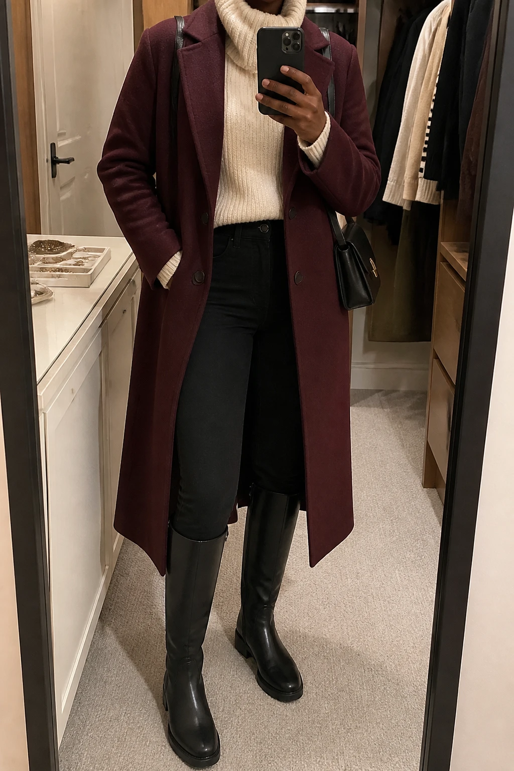 Image Prompt: Mirror selfie of a black woman wearing a long burgundy tailored single-breasted wool coat over a cream oversized chunky ribbed turtleneck sweater, solid black high-waisted skinny denim jeans, black leather knee-high flat boots with rubber soles, and a small structured black leather shoulder bag, holding a phone in front of a mirror, cropped at the NECK so the face does not show, with a relaxed casual selfie pose, in a walk-in closet mirror, warm soft indoor lighting, an open closet with clothes visible and a jewelry tray on the vanity, realistic burgundy wool fabric, natural cream chunky knit and fitted black denim texture, latest iPhone photo quality, no additional clothing or accessories.