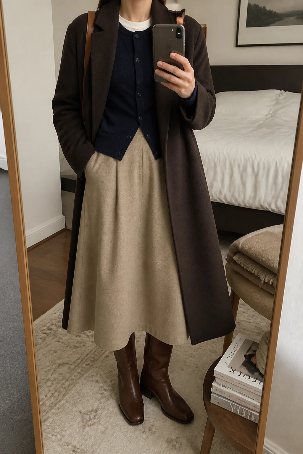 Image Prompt: Mirror selfie of a woman wearing a navy fine-knit cashmere button-front cardigan over a white fitted cotton crewneck top, a beige wool-blend A-line midi skirt, cognac brown leather knee-high boots with low block heels, a long chocolate brown tailored wool coat worn open, and a structured tan leather shoulder bag, holding a phone in front of a mirror, cropped at the NECK so the face does not show, with a relaxed casual selfie pose, in a cozy bedroom mirror setup, soft indoor lighting, a folded blanket on a chair and a stack of fashion magazines on a side table, realistic navy cashmere texture, natural beige wool skirt folds and warm brown leather finish, latest iPhone photo quality, no additional clothing or accessories.