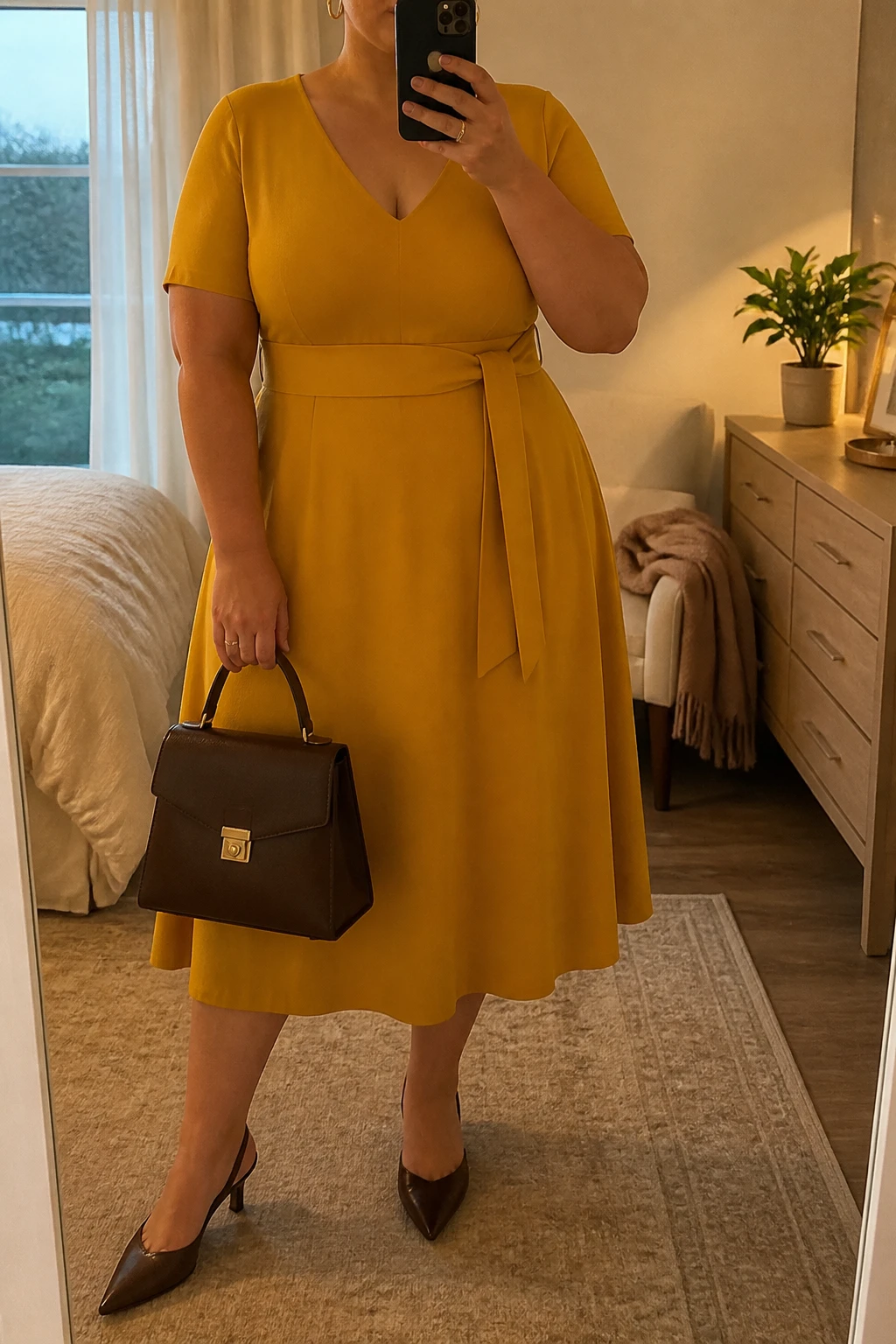 Mirror selfie of a plus size woman wearing a mustard yellow crepe midi dress with short sleeves, a V-neckline, and a matching wide fabric belt, dark brown pointed slingback heels, a structured dark brown top-handle bag, and small gold hoop earrings, clearly showing the exact dress, mustard color, belt, footwear, and accessories listed, holding a phone in front of a mirror, cropped at the neck so the face does not appear, relaxed warm selfie stance, in a cozy bedroom mirror setup with evening golden-hour lighting, a folded blanket on a chair and a small plant on a dresser, realistic autumn graduation outfit, latest iPhone photo quality.