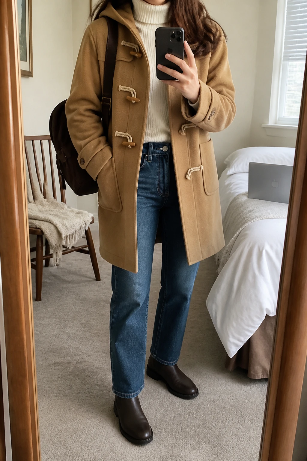Image Prompt: Mirror selfie of a woman wearing a camel wool-blend duffle coat with wooden toggle fastenings over an ivory thick ribbed turtleneck sweater, medium-wash blue high-waisted straight-leg jeans, dark brown leather flat Chelsea boots with rubber soles, and a chocolate brown canvas-and-leather backpack, holding a phone in front of a mirror, cropped at the NECK so the face does not show, with a relaxed casual selfie pose, in a cozy bedroom mirror setup, soft natural window light, a folded blanket on a chair and a laptop on the bed, realistic camel wool texture, natural blue denim folds and cozy ivory knit stitches, latest iPhone photo quality, no additional clothing or accessories.