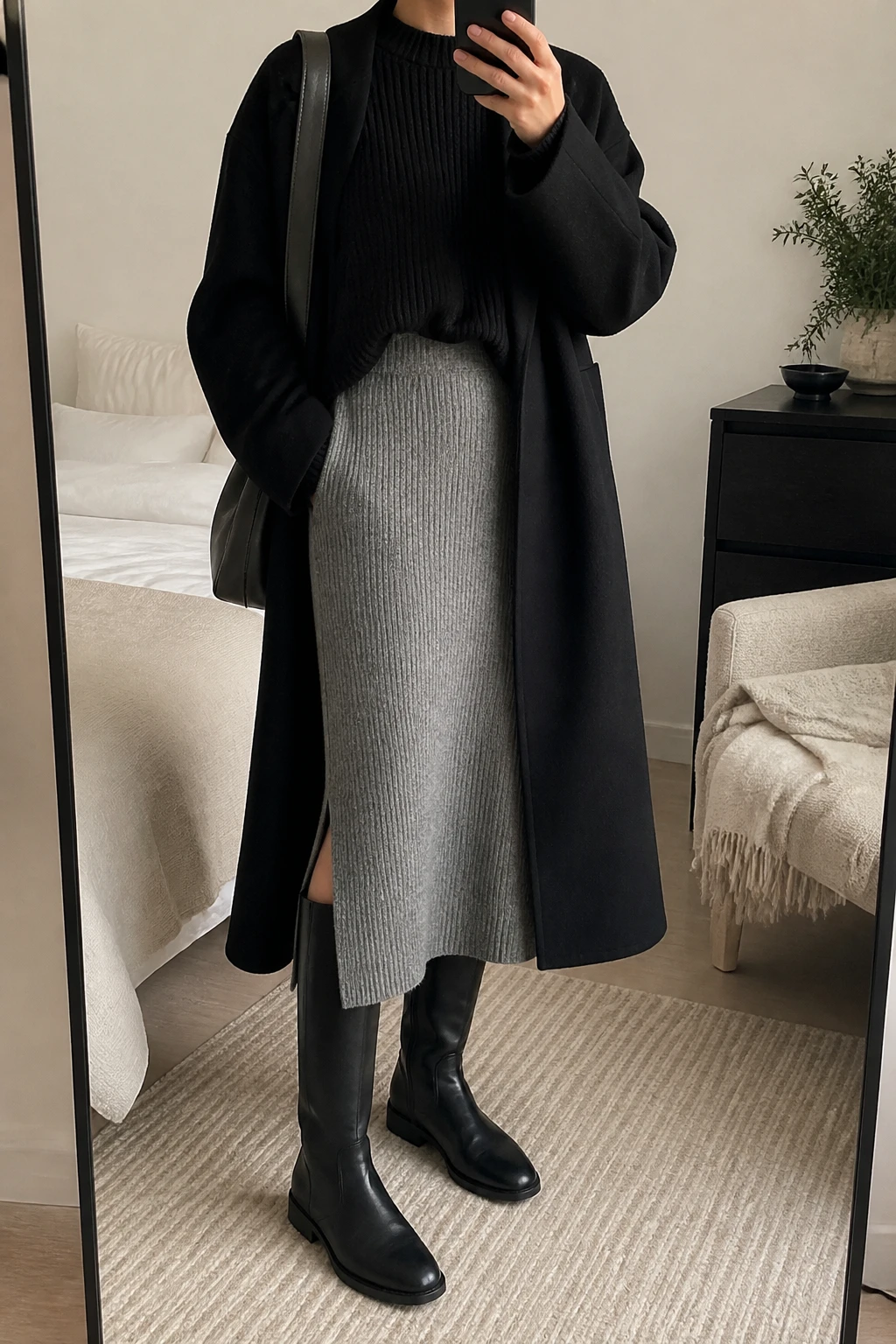 Image Prompt: Mirror selfie of a woman wearing a black oversized chunky ribbed crewneck sweater with a slight front tuck, a heather grey high-waisted straight-cut ribbed knit midi skirt with a small side slit, black leather knee-high flat boots, a long black tailored wool coat worn open, and a small charcoal grey leather shoulder bag, holding a phone in front of a mirror, cropped at the NECK so the face does not show, with a relaxed casual selfie pose, in a cozy bedroom mirror setup, soft indoor lighting, a folded blanket on a chair and a small plant on a dresser, realistic black chunky knit texture, natural grey skirt folds and comfortable winter styling, latest iPhone photo quality, no additional clothing or accessories.