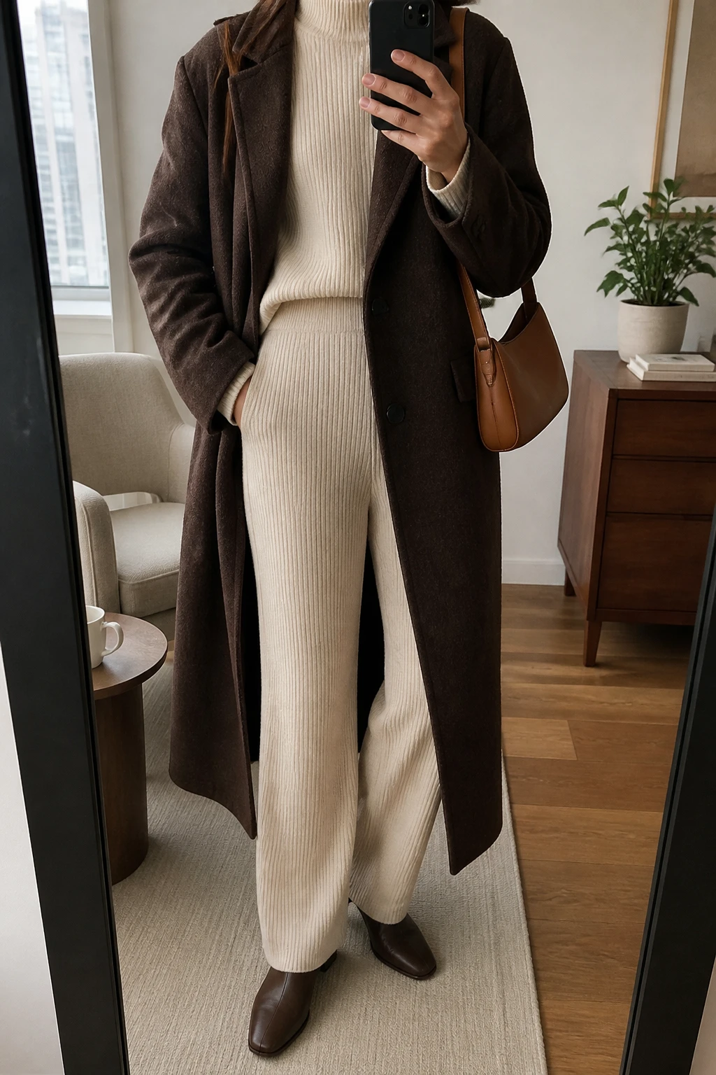 Image Prompt: Mirror selfie of a woman wearing a long chocolate brown single-breasted wool coat over an ivory chunky ribbed mock-neck sweater, matching ivory high-waisted straight-leg ribbed knit trousers, dark brown leather flat ankle boots, and a small caramel leather shoulder bag, holding a phone in front of a mirror, cropped at the NECK so the face does not show, with a relaxed casual selfie pose, in a stylish city apartment, soft natural window light, a coffee mug on a side table and a small plant on a dresser, realistic chocolate wool coat texture, natural matching ivory ribbed knit folds, warm neutral winter styling, latest iPhone photo quality, no additional clothing or accessories.