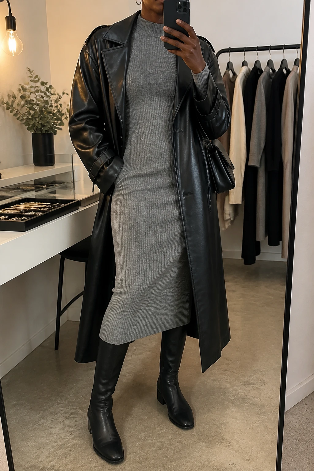 Image Prompt: Mirror selfie of a black woman wearing a long black belted faux-leather trench coat left open over a heather grey long-sleeve ribbed knit midi dress with a high neckline and fitted waist, black leather knee-high boots with low block heels, a structured black leather shoulder bag, and small silver hoop earrings, holding a phone in front of a mirror, cropped at the NECK so the face does not show, with a relaxed casual selfie pose, in a fashion studio mirror corner, warm soft indoor lighting, a clothing rack with garments behind and a jewelry tray on the vanity, realistic black leather texture, natural grey knit dress folds and authentic deep brown skin visible on hands, latest iPhone photo quality, no additional clothing or accessories.
