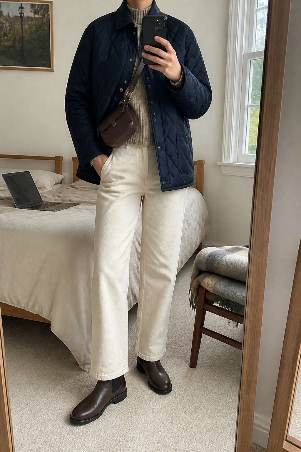 Image Prompt: Mirror selfie of a woman wearing a navy insulated quilted hip-length jacket over an oatmeal chunky ribbed mock-neck sweater, cream high-waisted relaxed straight-leg cotton trousers, dark brown leather flat Chelsea boots with rubber soles, and a small chocolate brown nylon crossbody bag, holding a phone in front of a mirror, cropped at the NECK so the face does not show, with a relaxed casual selfie pose, in a cozy bedroom mirror setup, soft natural window light, a laptop on the bed and a folded blanket on a chair, realistic navy quilted fabric, natural oatmeal knit texture and cream trouser creases, latest iPhone photo quality, no additional clothing or accessories.